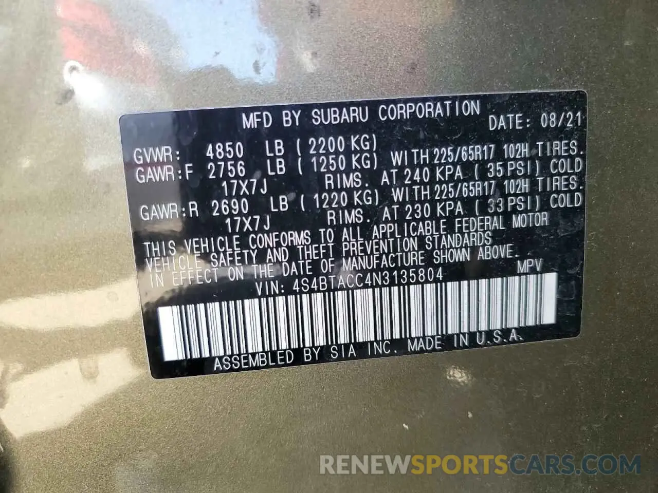 13 fotografías del automóvil dañado 4S4BTACC4N3135804 SUBARU OUTBACK 2022
