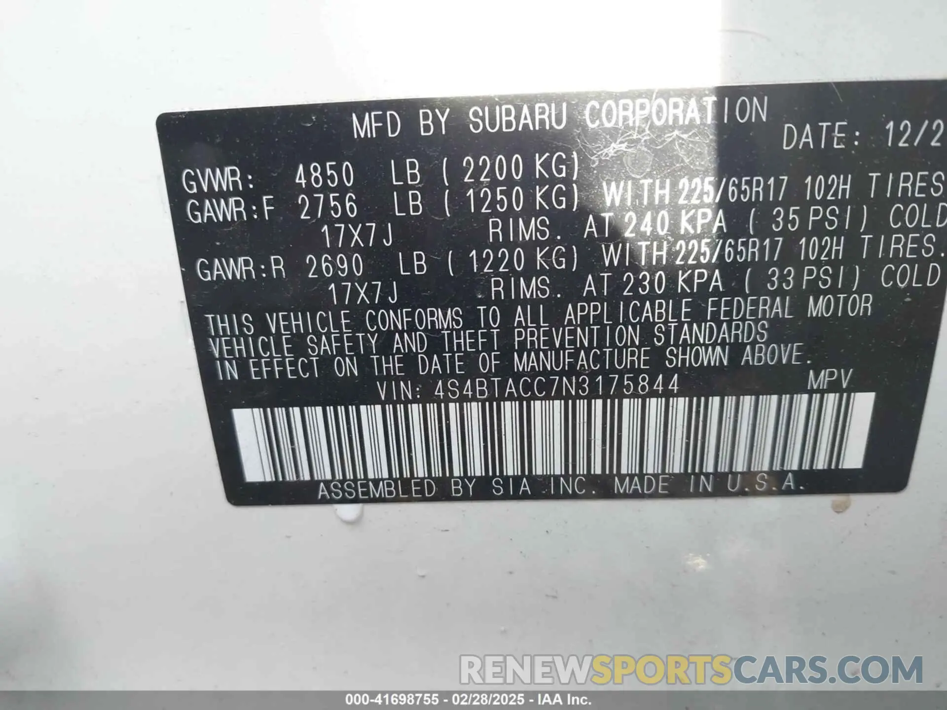 9 fotografías del automóvil dañado 4S4BTACC7N3175844 SUBARU OUTBACK 2022