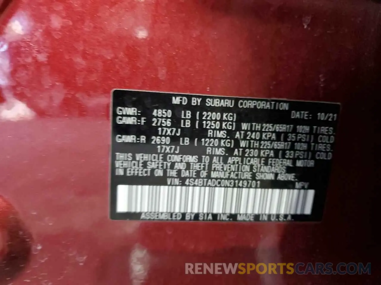 15 fotografías del automóvil dañado 4S4BTADC0N3149701 SUBARU OUTBACK 2022