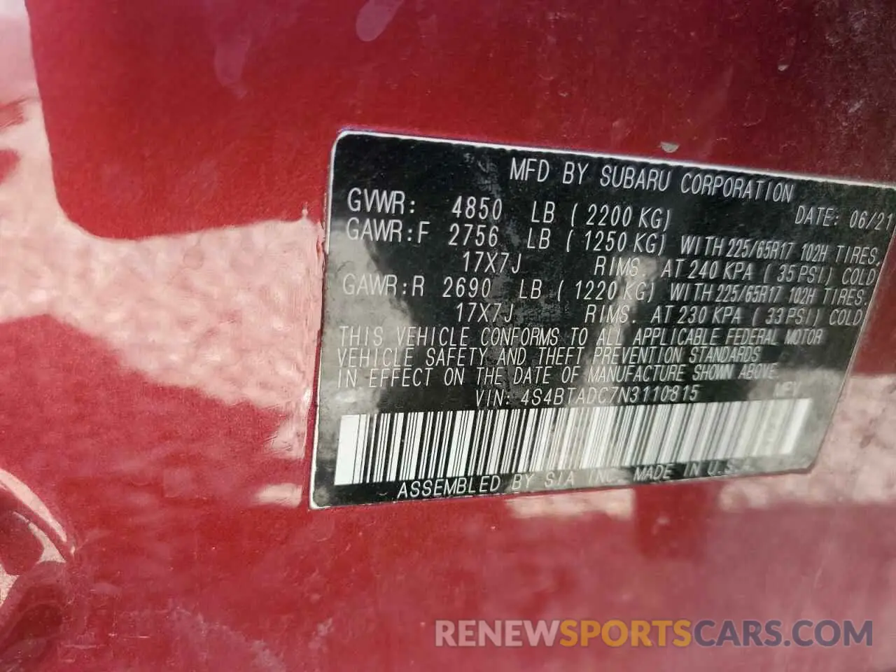12 fotografías del automóvil dañado 4S4BTADC7N3110815 SUBARU OUTBACK 2022