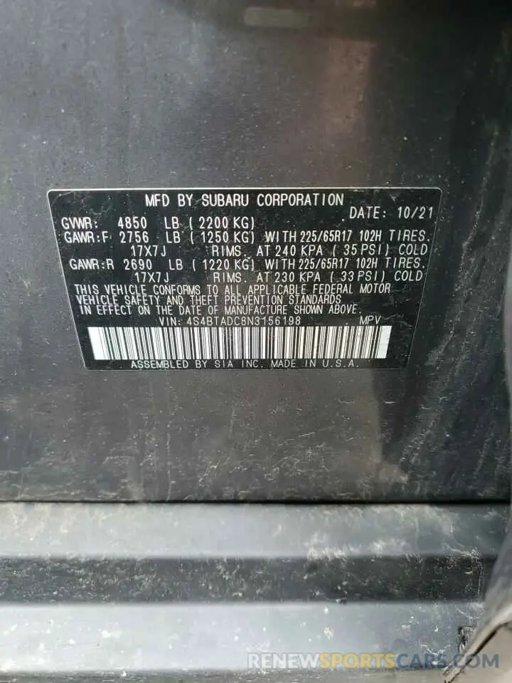 13 fotografías del automóvil dañado 4S4BTADC8N3156198 SUBARU OUTBACK 2022