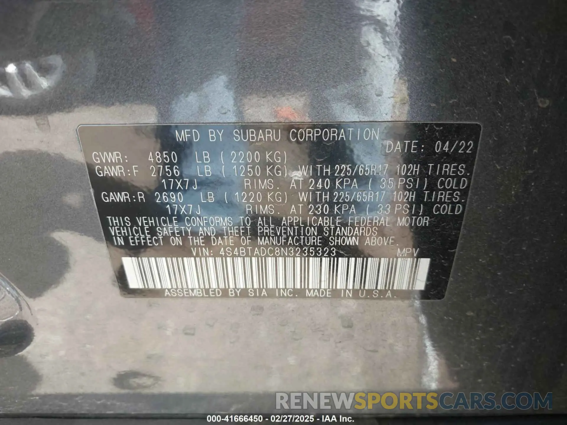 9 fotografías del automóvil dañado 4S4BTADC8N3235323 SUBARU OUTBACK 2022