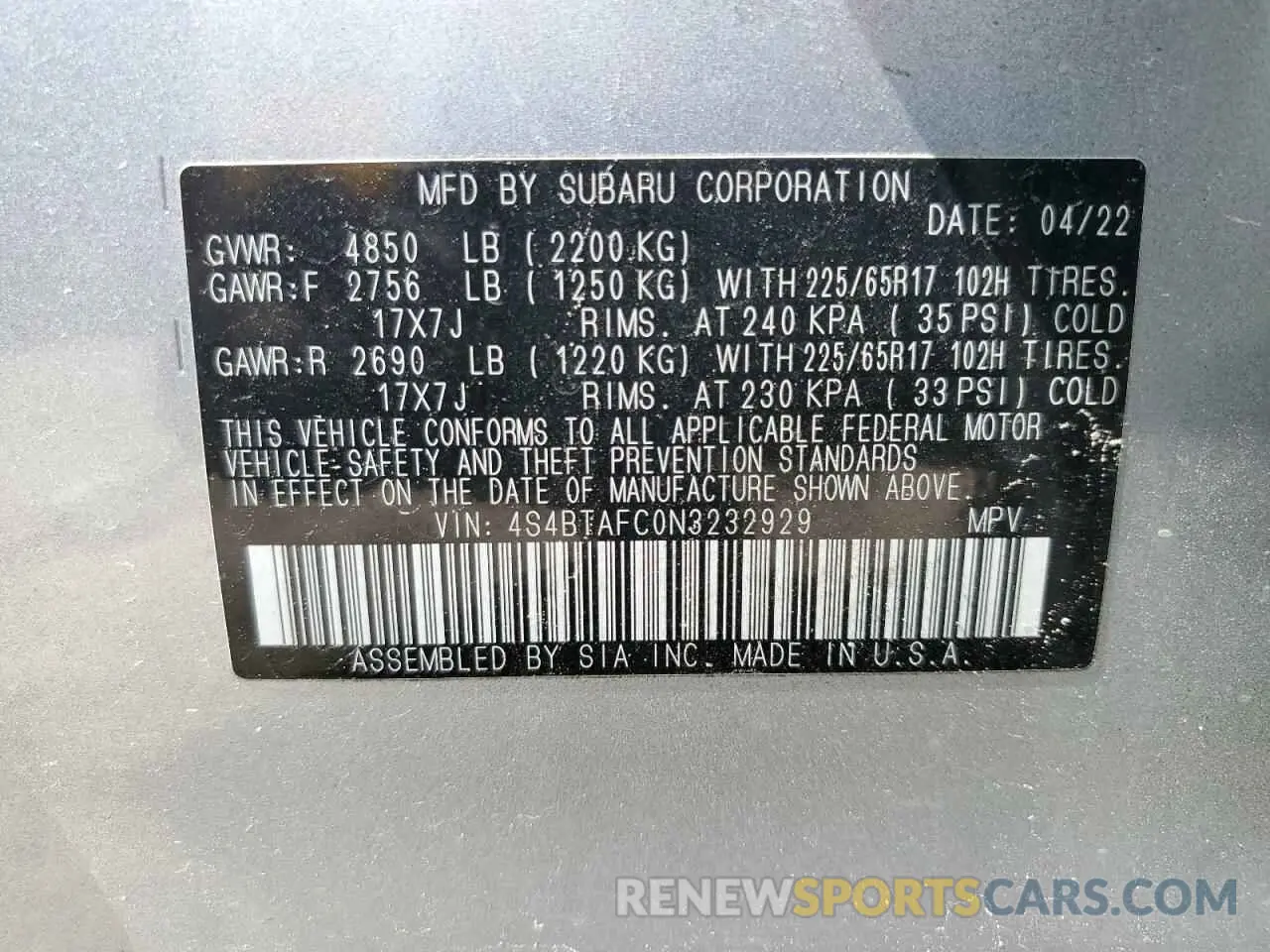 15 fotografías del automóvil dañado 4S4BTAFC0N3232929 SUBARU OUTBACK 2022
