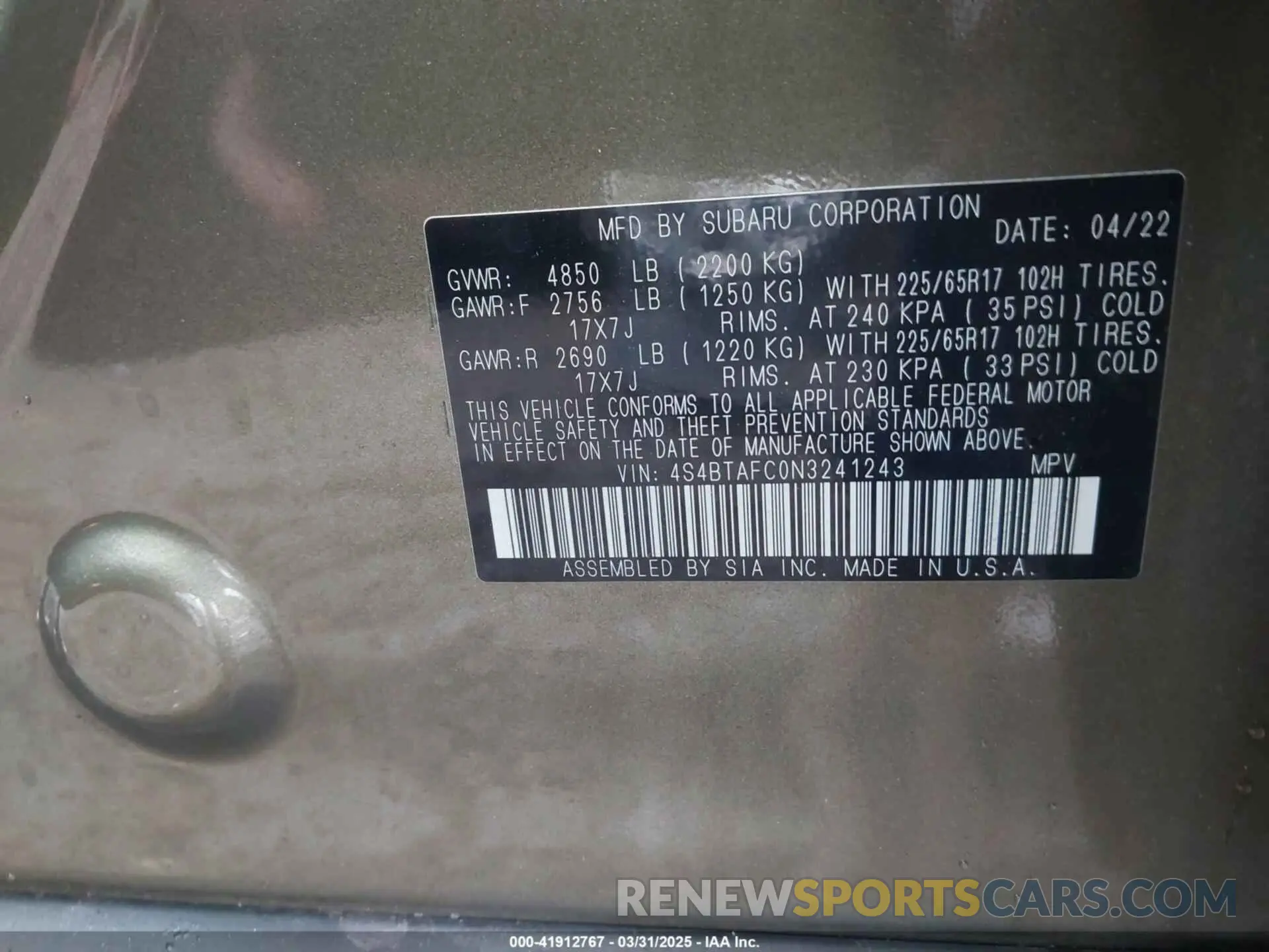 9 fotografías del automóvil dañado 4S4BTAFC0N3241243 SUBARU OUTBACK 2022