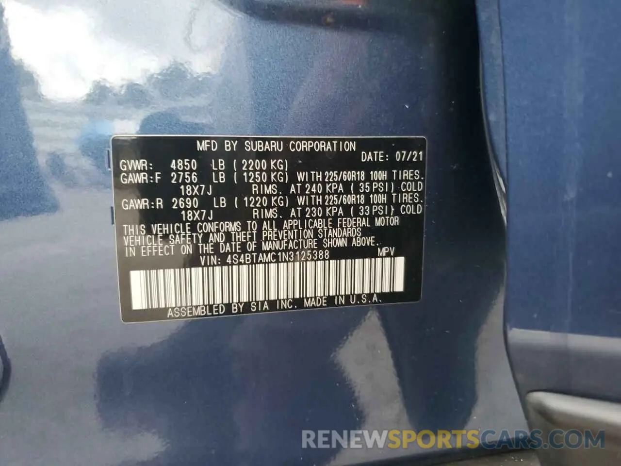 13 fotografías del automóvil dañado 4S4BTAMC1N3125388 SUBARU OUTBACK 2022