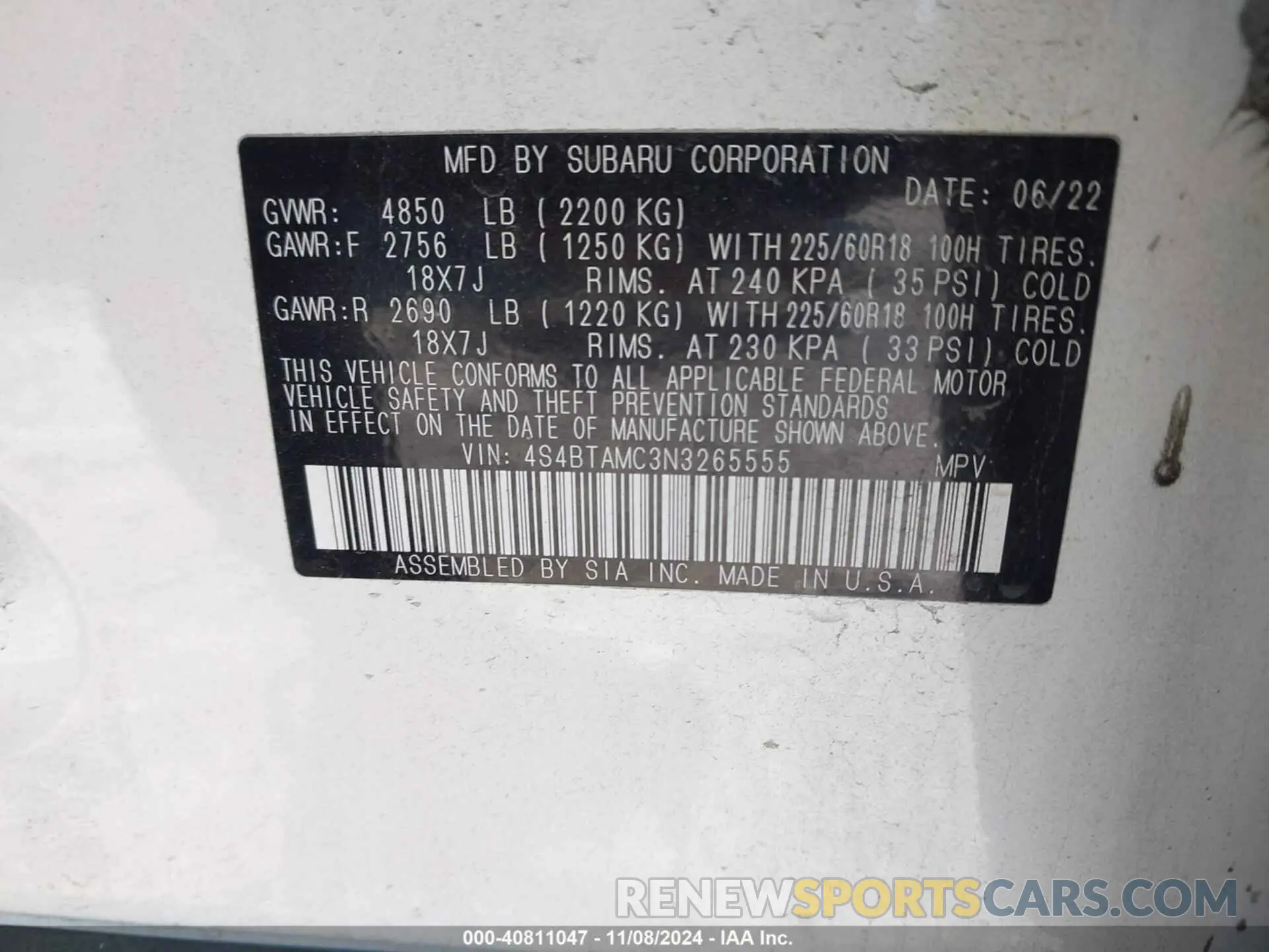 9 fotografías del automóvil dañado 4S4BTAMC3N3265555 SUBARU OUTBACK 2022