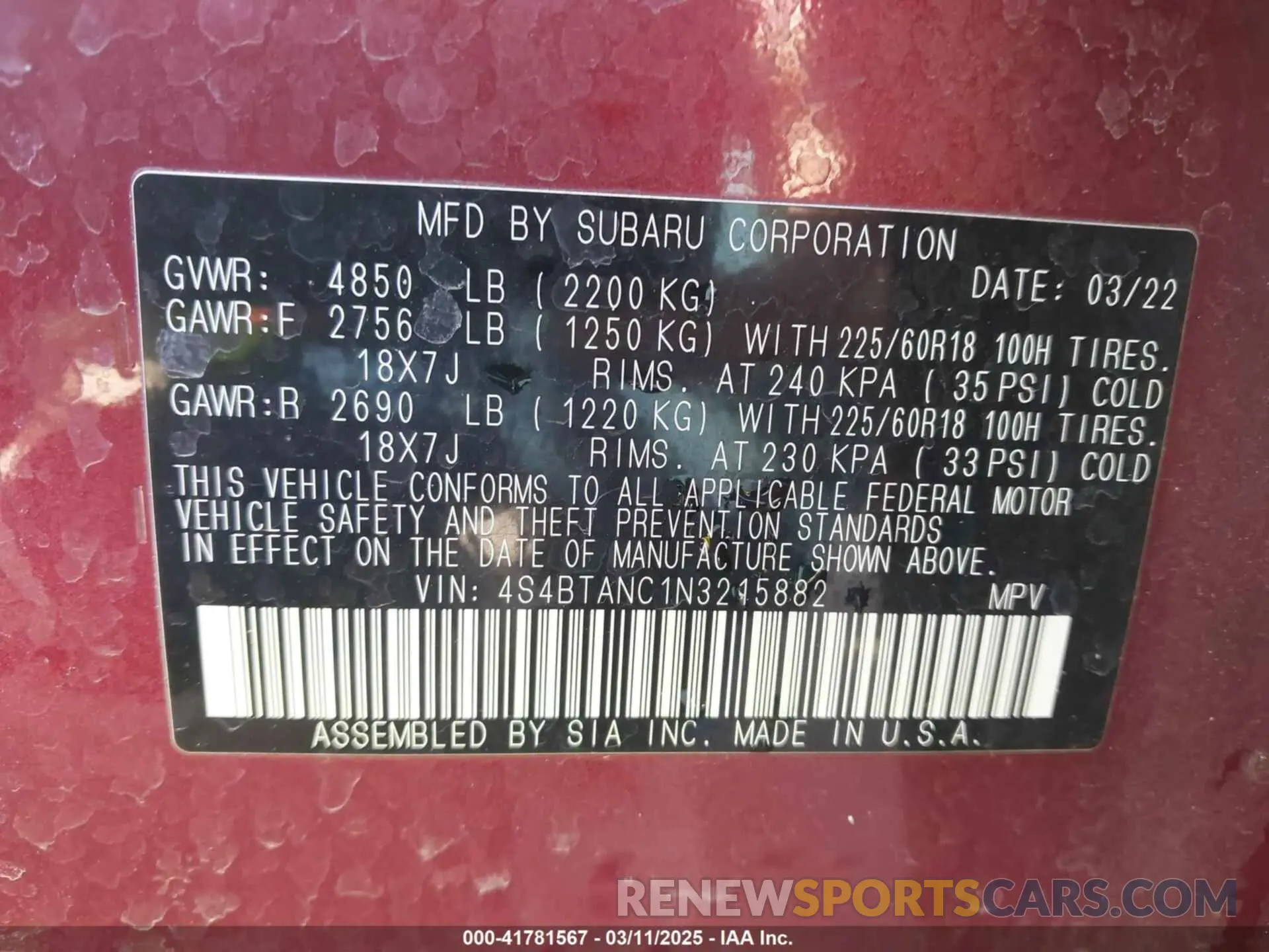 9 fotografías del automóvil dañado 4S4BTANC1N3215882 SUBARU OUTBACK 2022