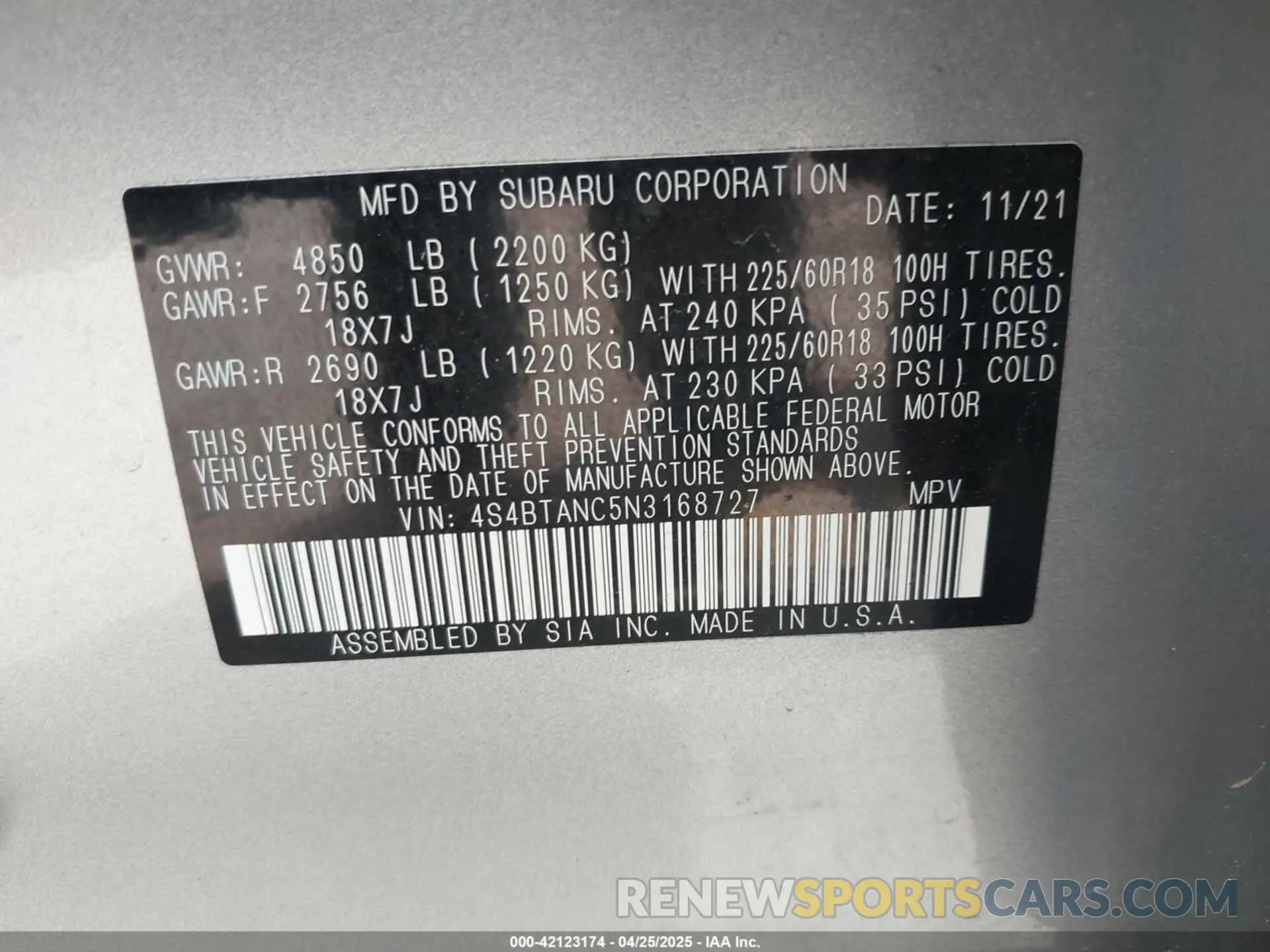 9 fotografías del automóvil dañado 4S4BTANC5N3168727 SUBARU OUTBACK 2022