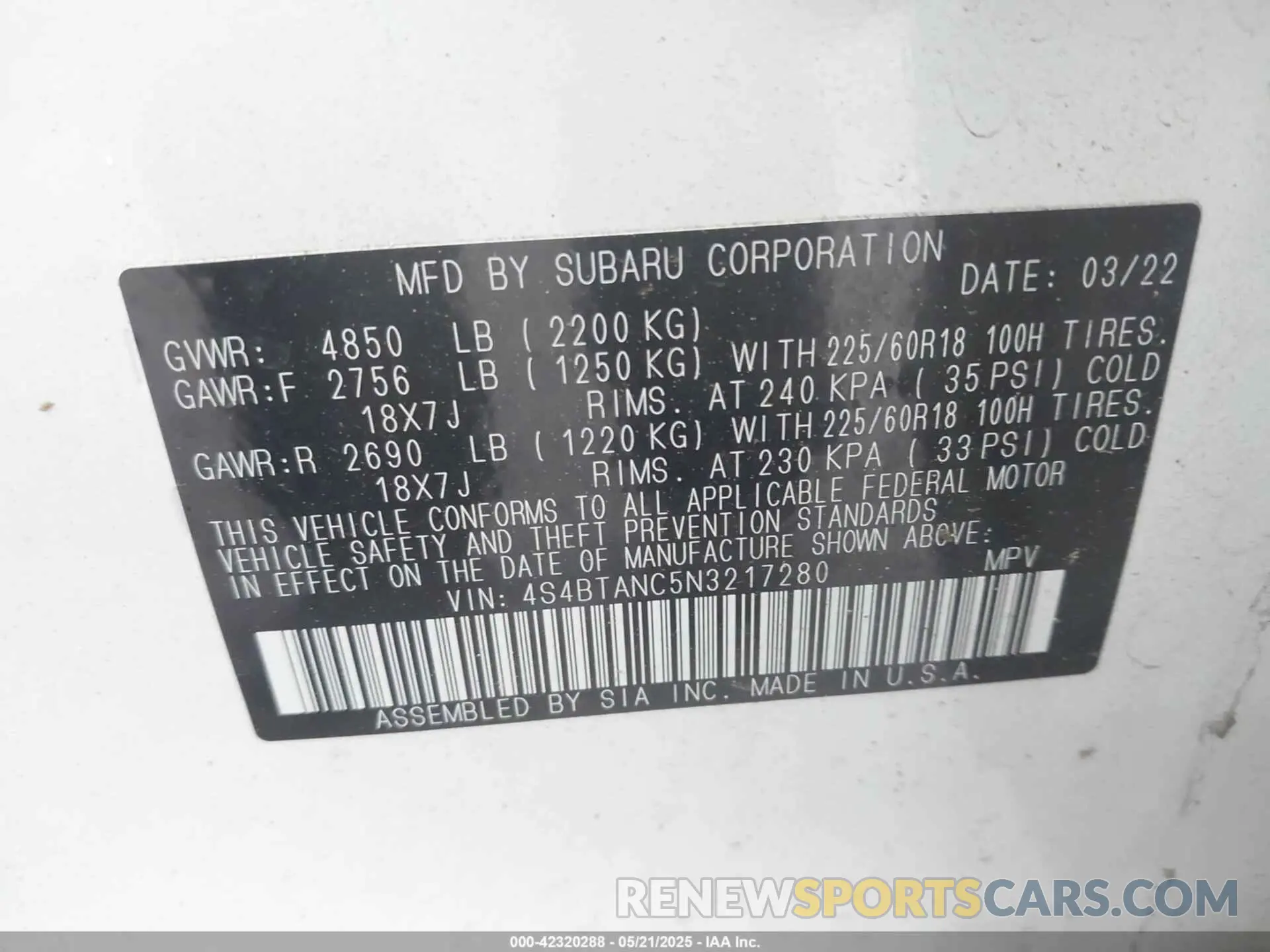9 fotografías del automóvil dañado 4S4BTANC5N3217280 SUBARU OUTBACK 2022