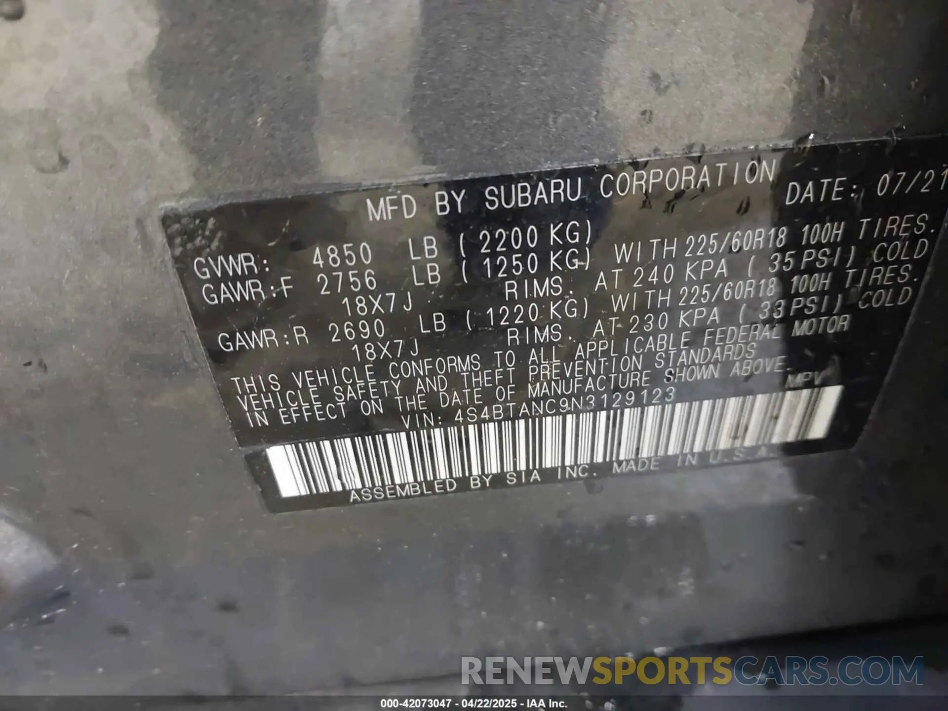 9 fotografías del automóvil dañado 4S4BTANC9N3129123 SUBARU OUTBACK 2022