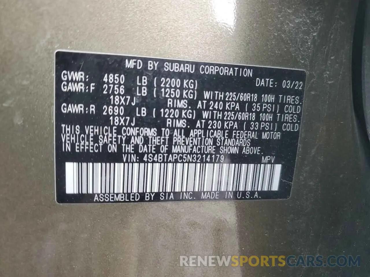 15 fotografías del automóvil dañado 4S4BTAPC5N3214179 SUBARU OUTBACK 2022