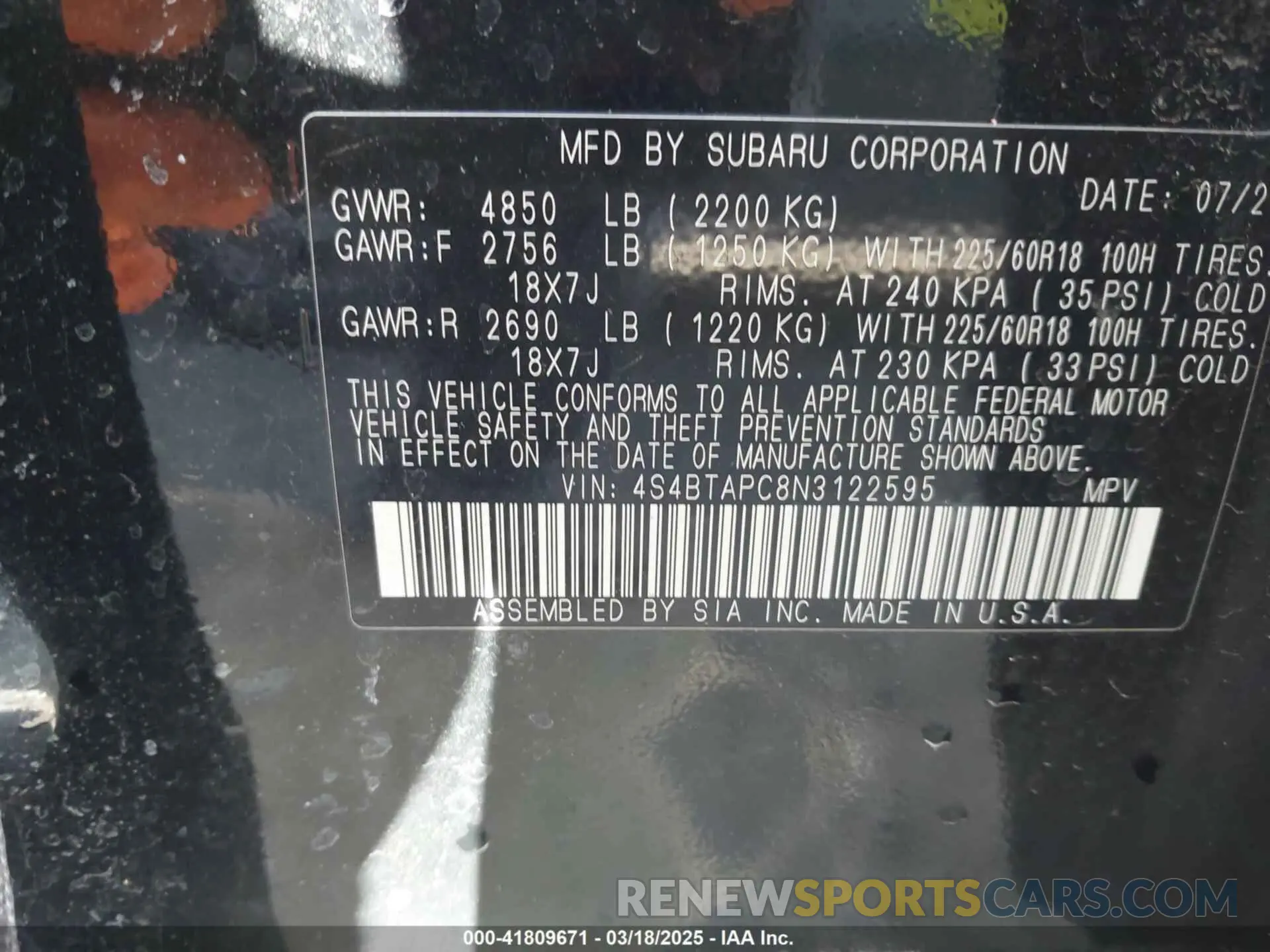 9 fotografías del automóvil dañado 4S4BTAPC8N3122595 SUBARU OUTBACK 2022