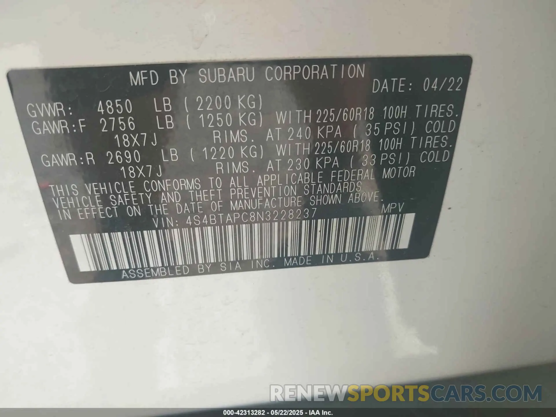9 fotografías del automóvil dañado 4S4BTAPC8N3228237 SUBARU OUTBACK 2022