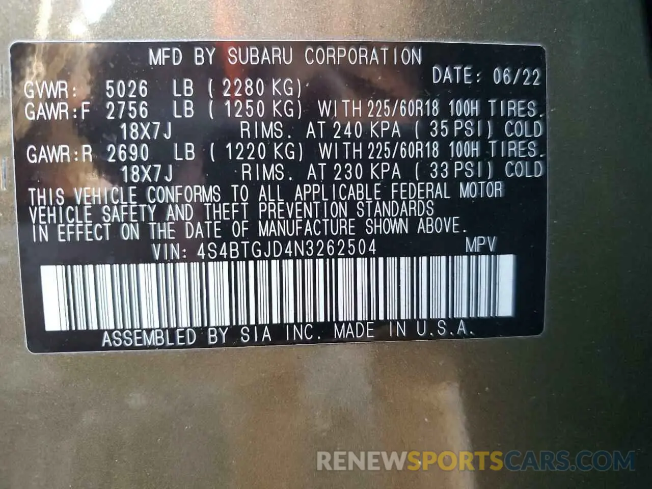 13 fotografías del automóvil dañado 4S4BTGJD4N3262504 SUBARU OUTBACK 2022