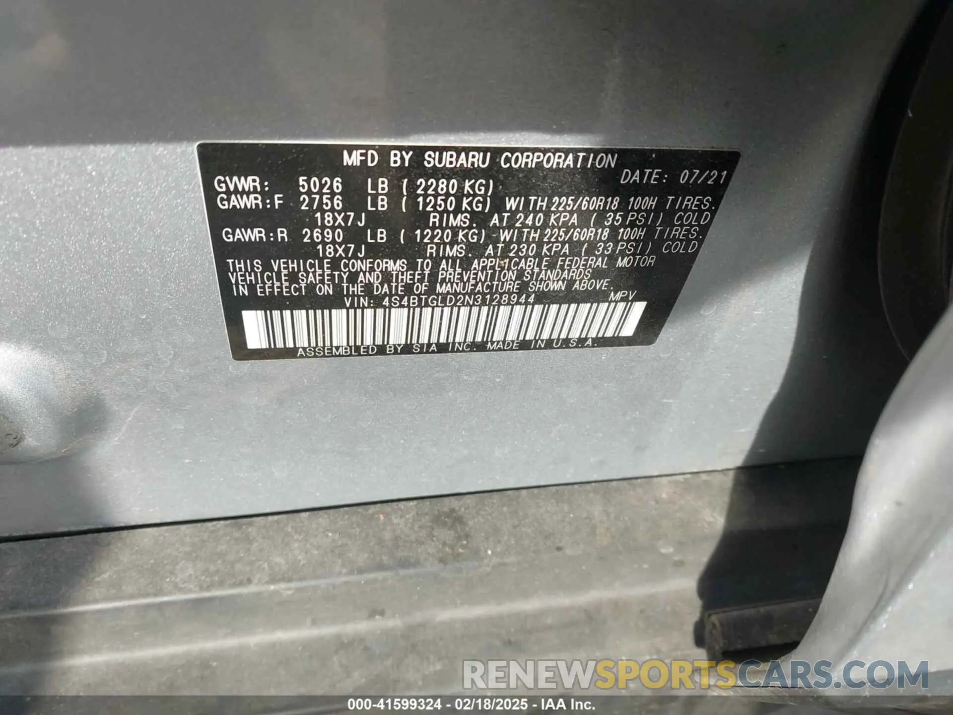 9 fotografías del automóvil dañado 4S4BTGLD2N3128944 SUBARU OUTBACK 2022