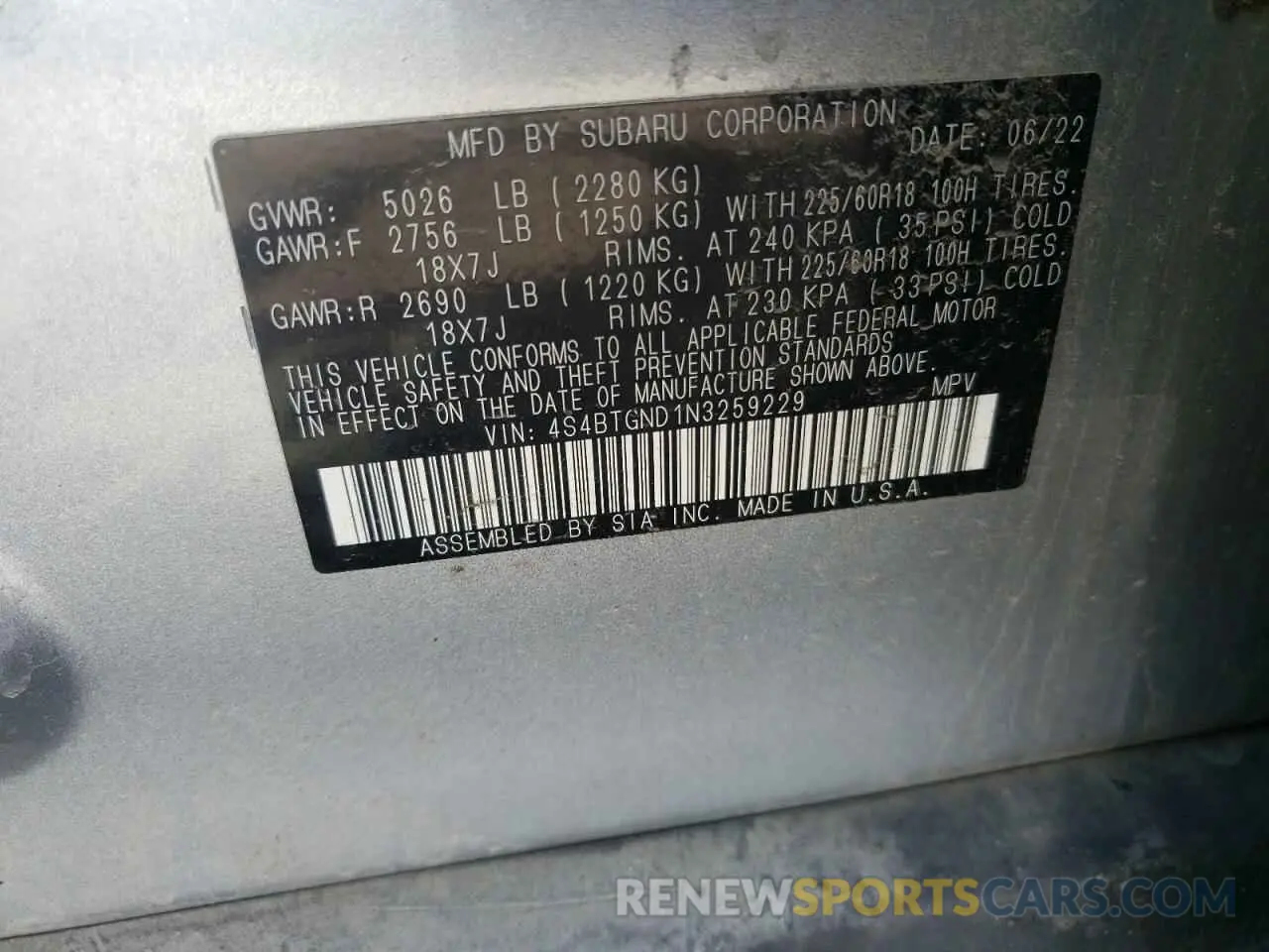 12 fotografías del automóvil dañado 4S4BTGND1N3259229 SUBARU OUTBACK 2022
