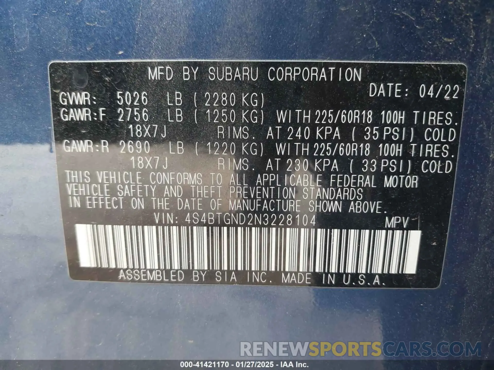 9 fotografías del automóvil dañado 4S4BTGND2N3228104 SUBARU OUTBACK 2022