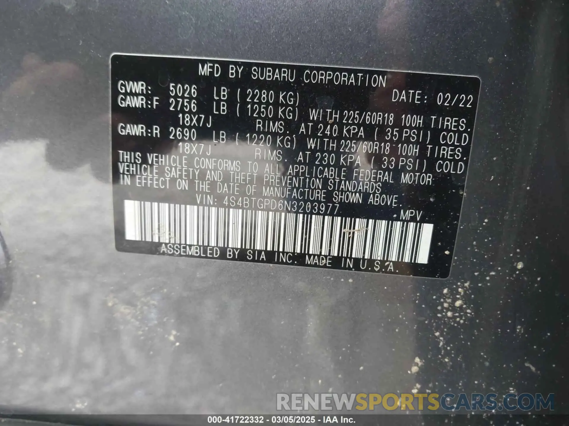 9 fotografías del automóvil dañado 4S4BTGPD6N3203977 SUBARU OUTBACK 2022