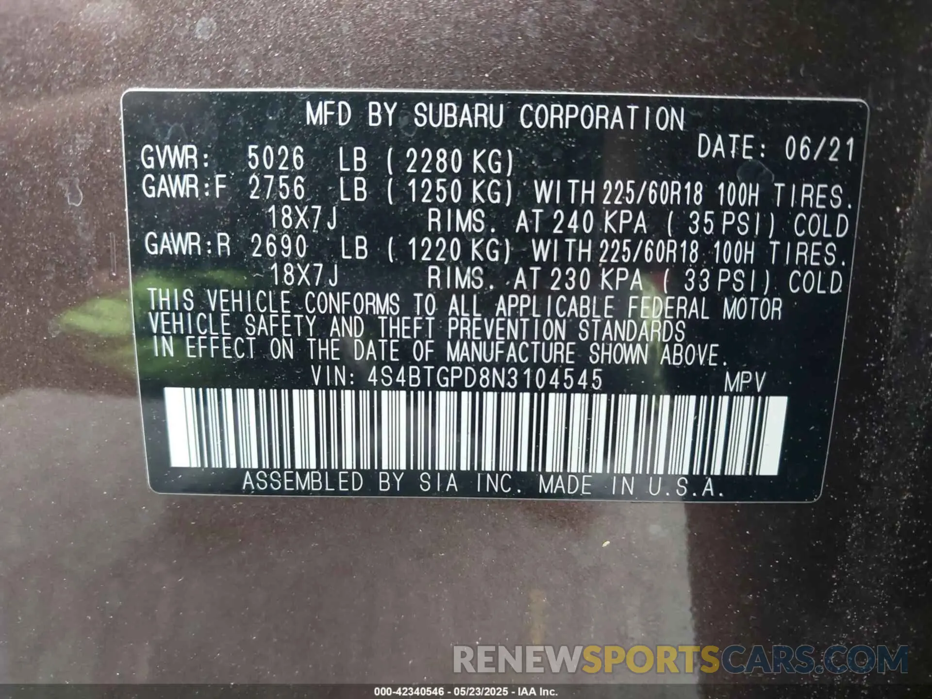 9 fotografías del automóvil dañado 4S4BTGPD8N3104545 SUBARU OUTBACK 2022