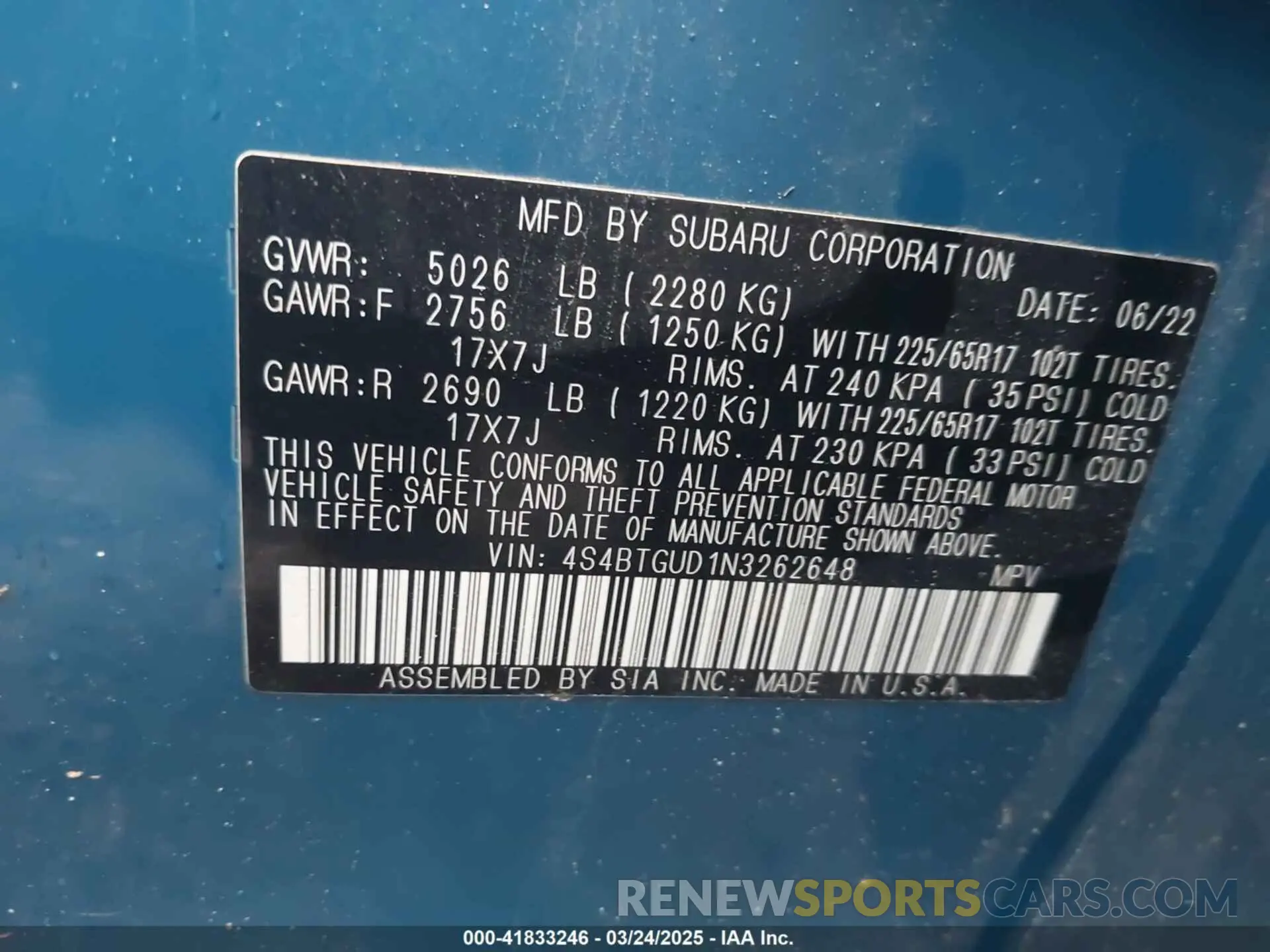 9 fotografías del automóvil dañado 4S4BTGUD1N3262648 SUBARU OUTBACK 2022