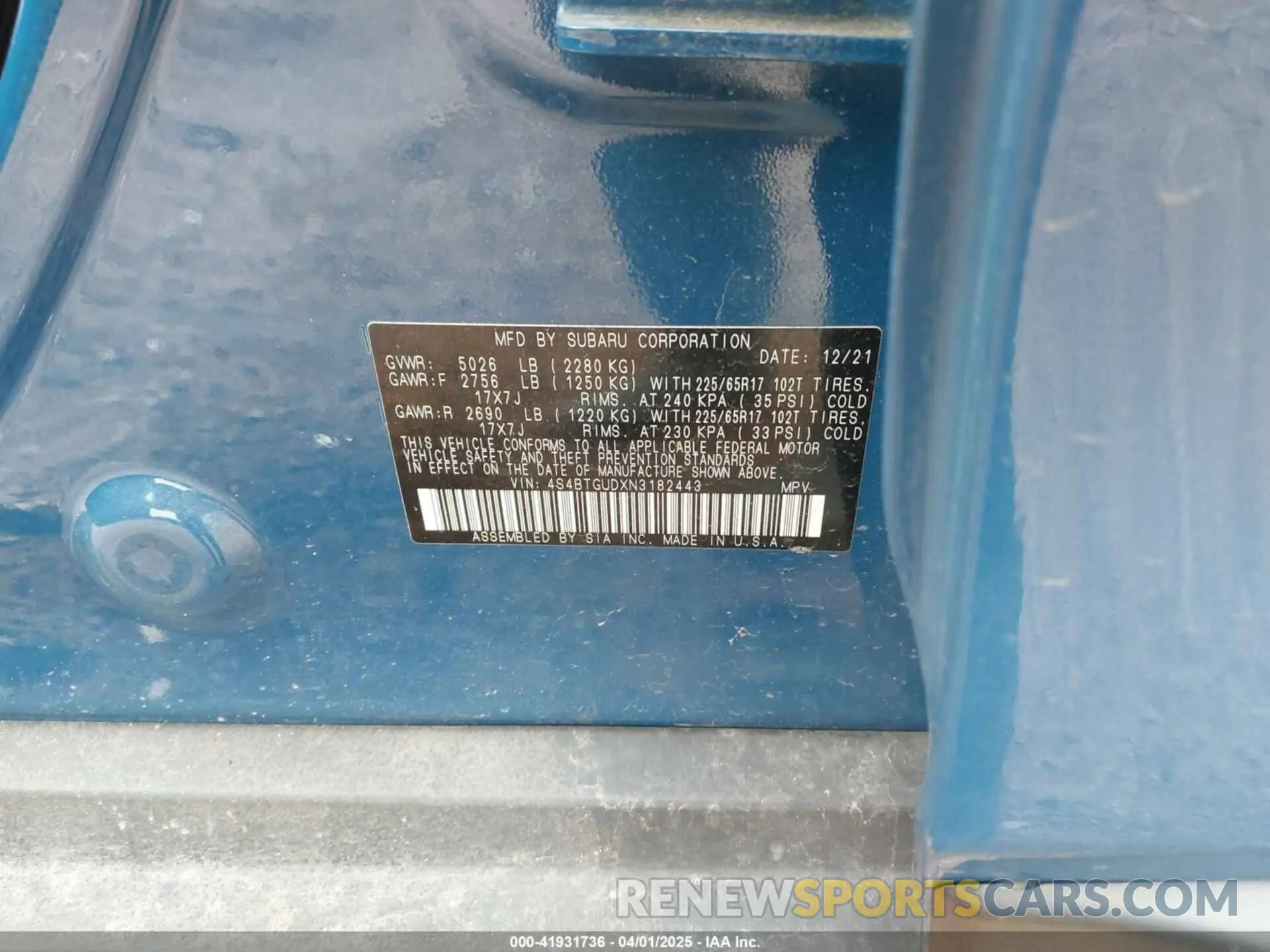 9 fotografías del automóvil dañado 4S4BTGUDXN3182443 SUBARU OUTBACK 2022