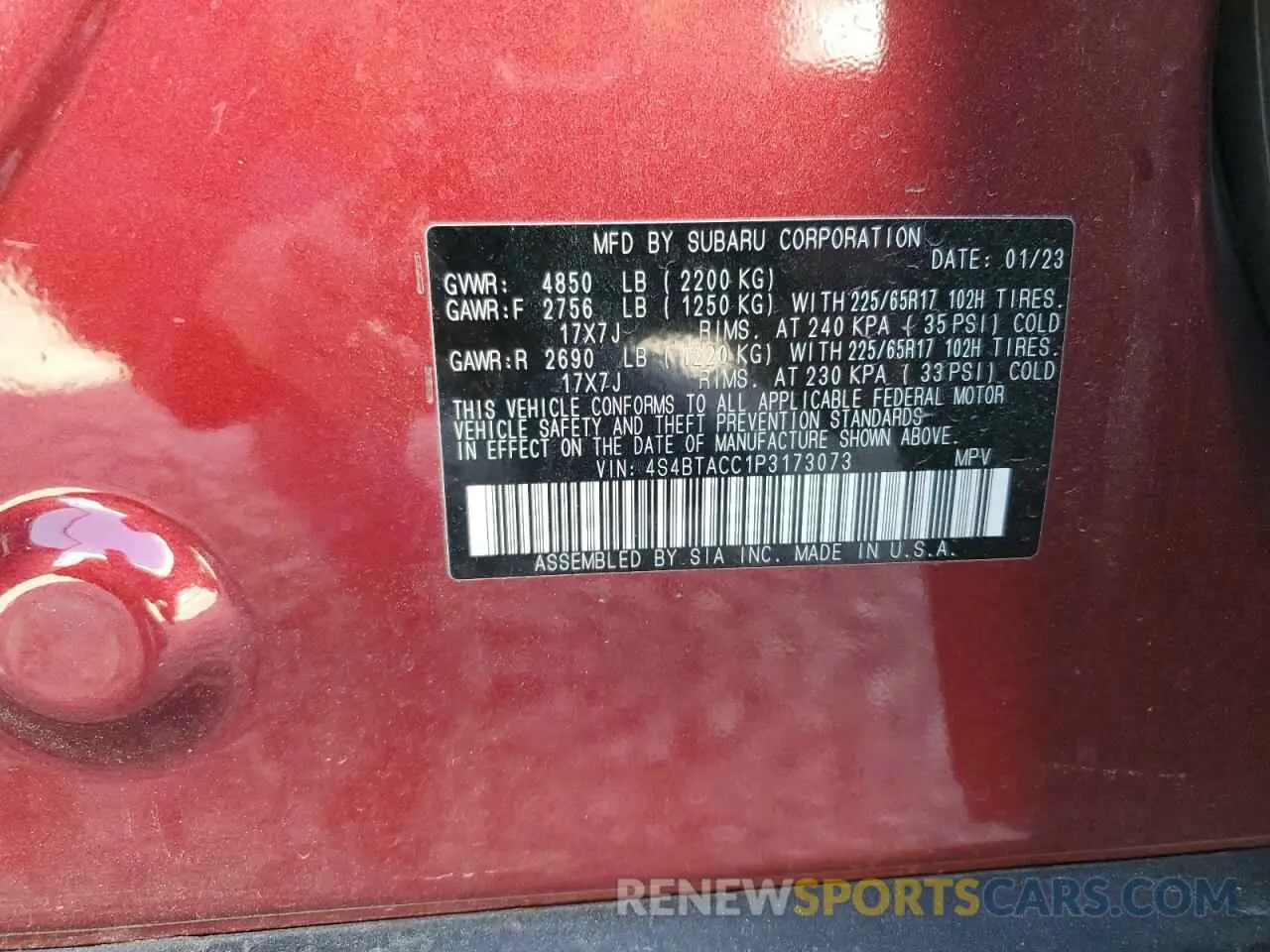 12 fotografías del automóvil dañado 4S4BTACC1P3173073 SUBARU OUTBACK 2023