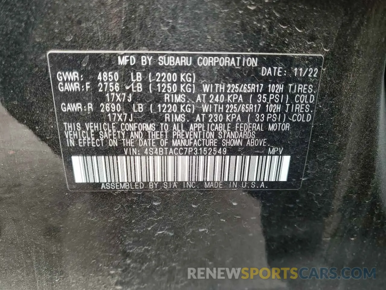 15 fotografías del automóvil dañado 4S4BTACC7P3152549 SUBARU OUTBACK 2023