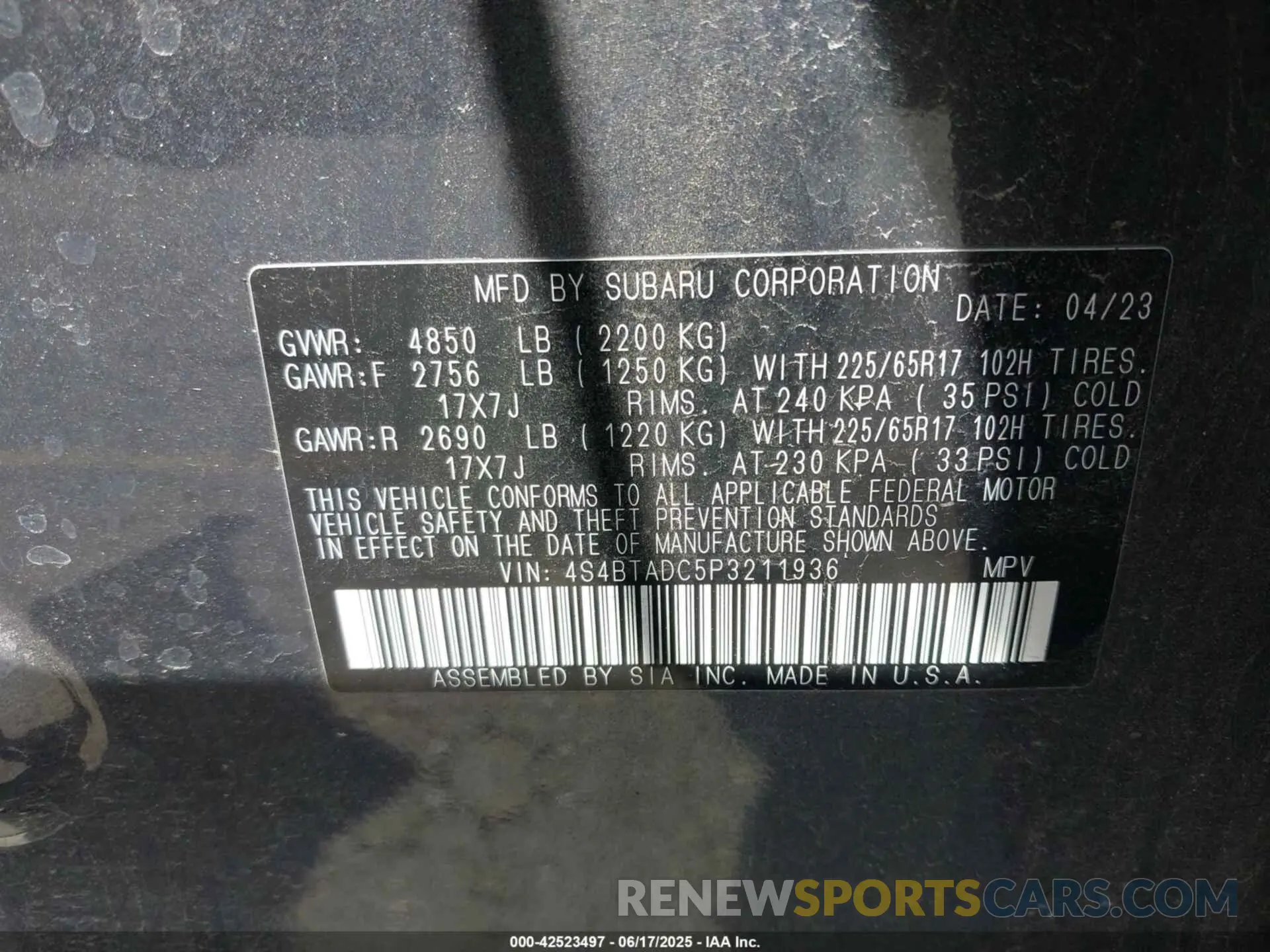 9 fotografías del automóvil dañado 4S4BTADC5P3211936 SUBARU OUTBACK 2023