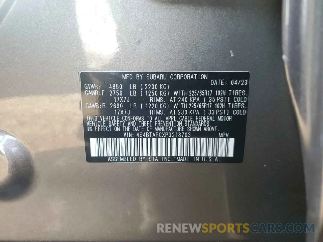 13 fotografías del automóvil dañado 4S4BTAFCXP3218703 SUBARU OUTBACK 2023