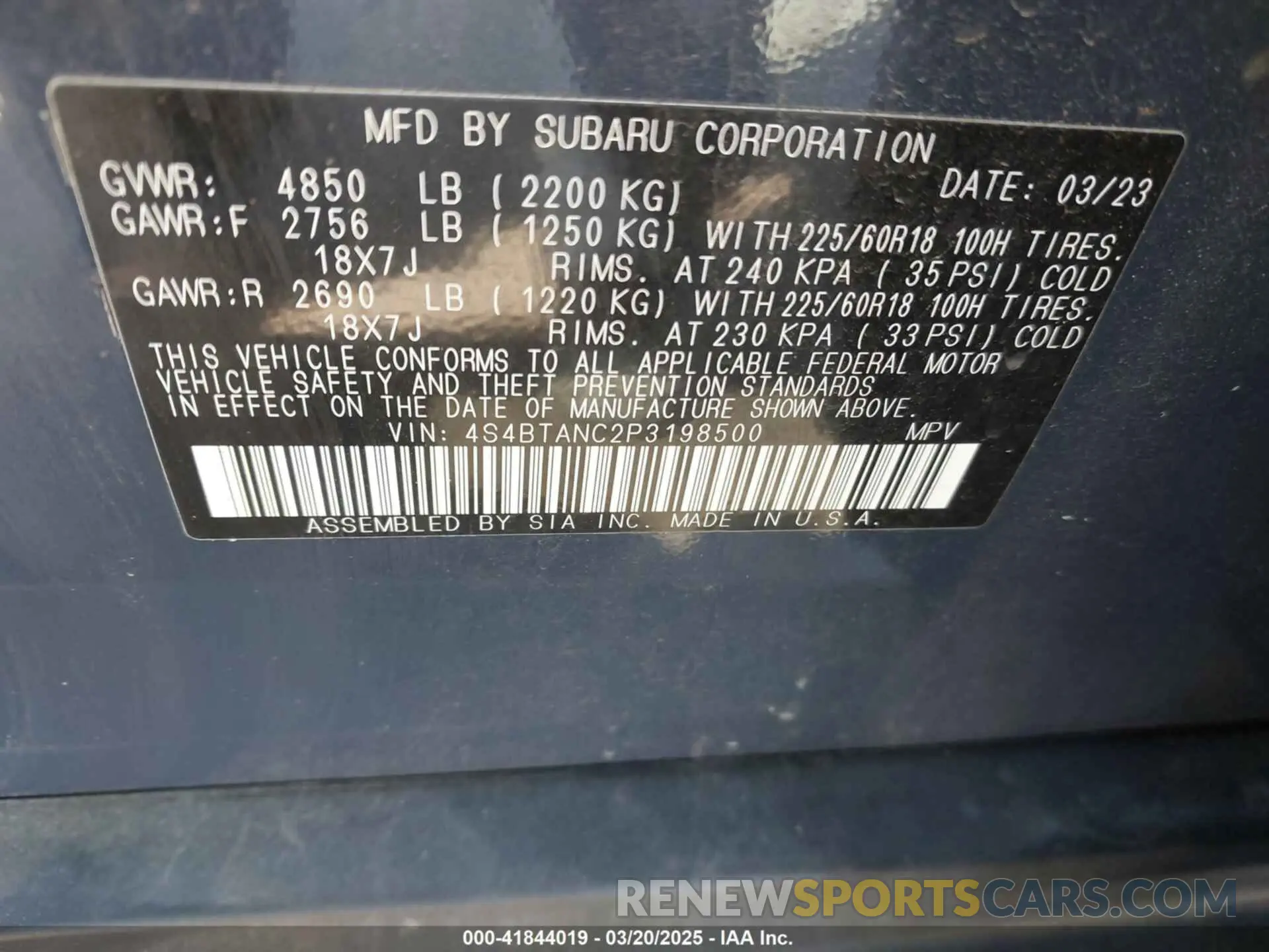 9 fotografías del automóvil dañado 4S4BTANC2P3198500 SUBARU OUTBACK 2023