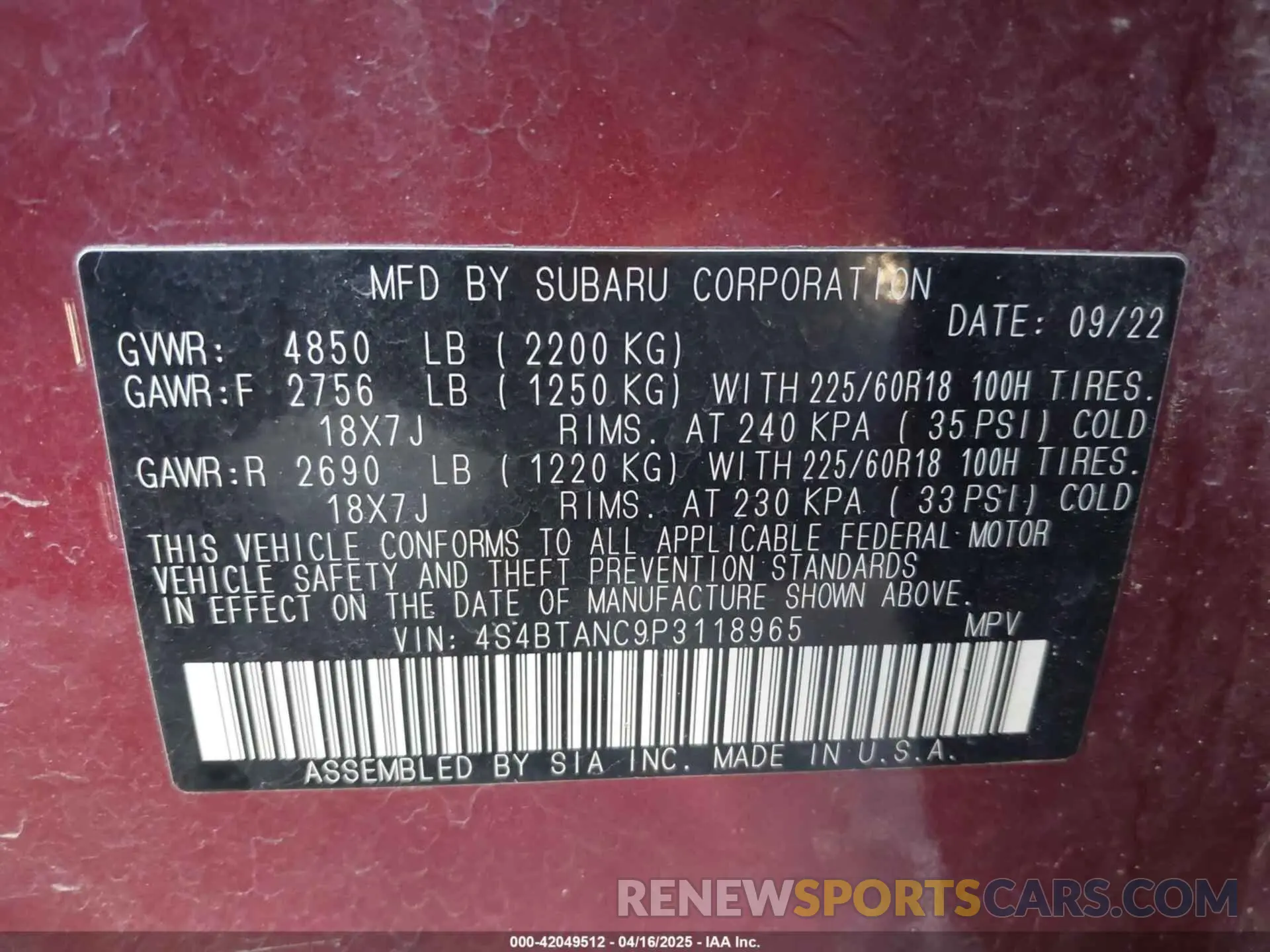 9 fotografías del automóvil dañado 4S4BTANC9P3118965 SUBARU OUTBACK 2023