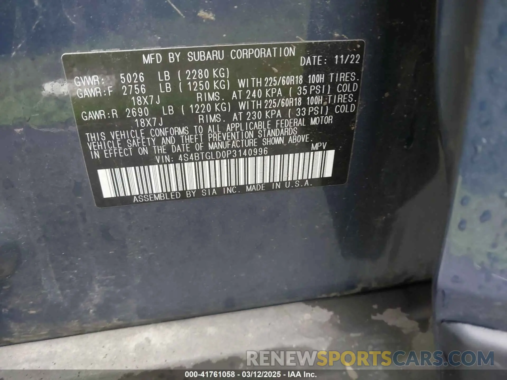 9 fotografías del automóvil dañado 4S4BTGLD0P3140996 SUBARU OUTBACK 2023