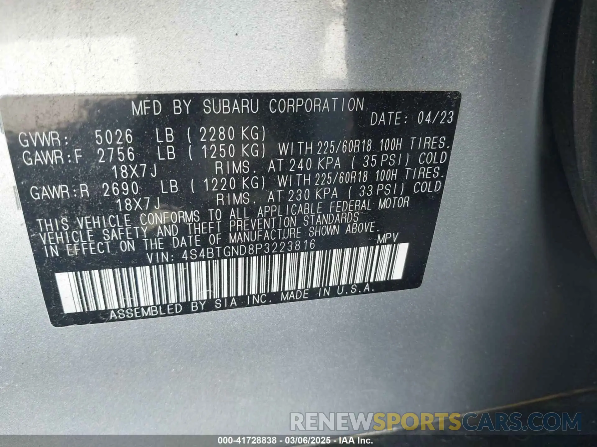 9 fotografías del automóvil dañado 4S4BTGND8P3223816 SUBARU OUTBACK 2023