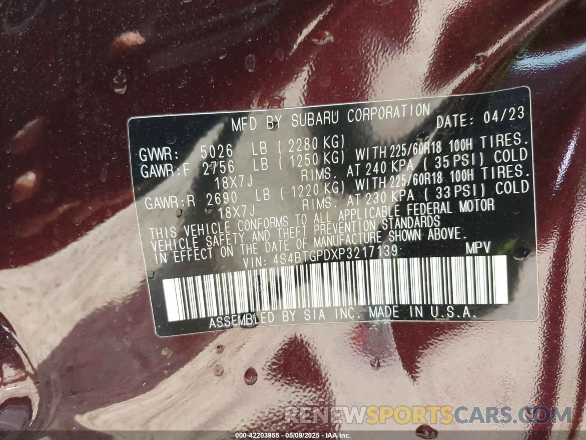 9 fotografías del automóvil dañado 4S4BTGPDXP3217139 SUBARU OUTBACK 2023
