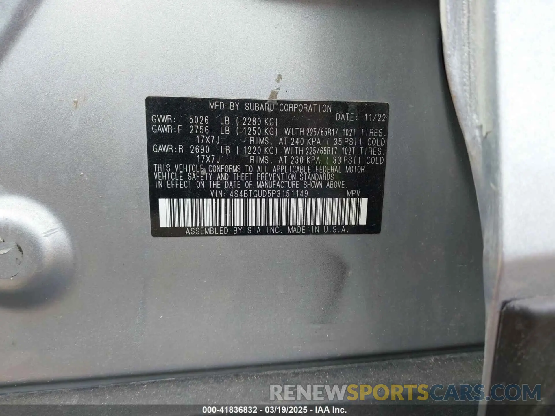 9 fotografías del automóvil dañado 4S4BTGUD5P3151149 SUBARU OUTBACK 2023