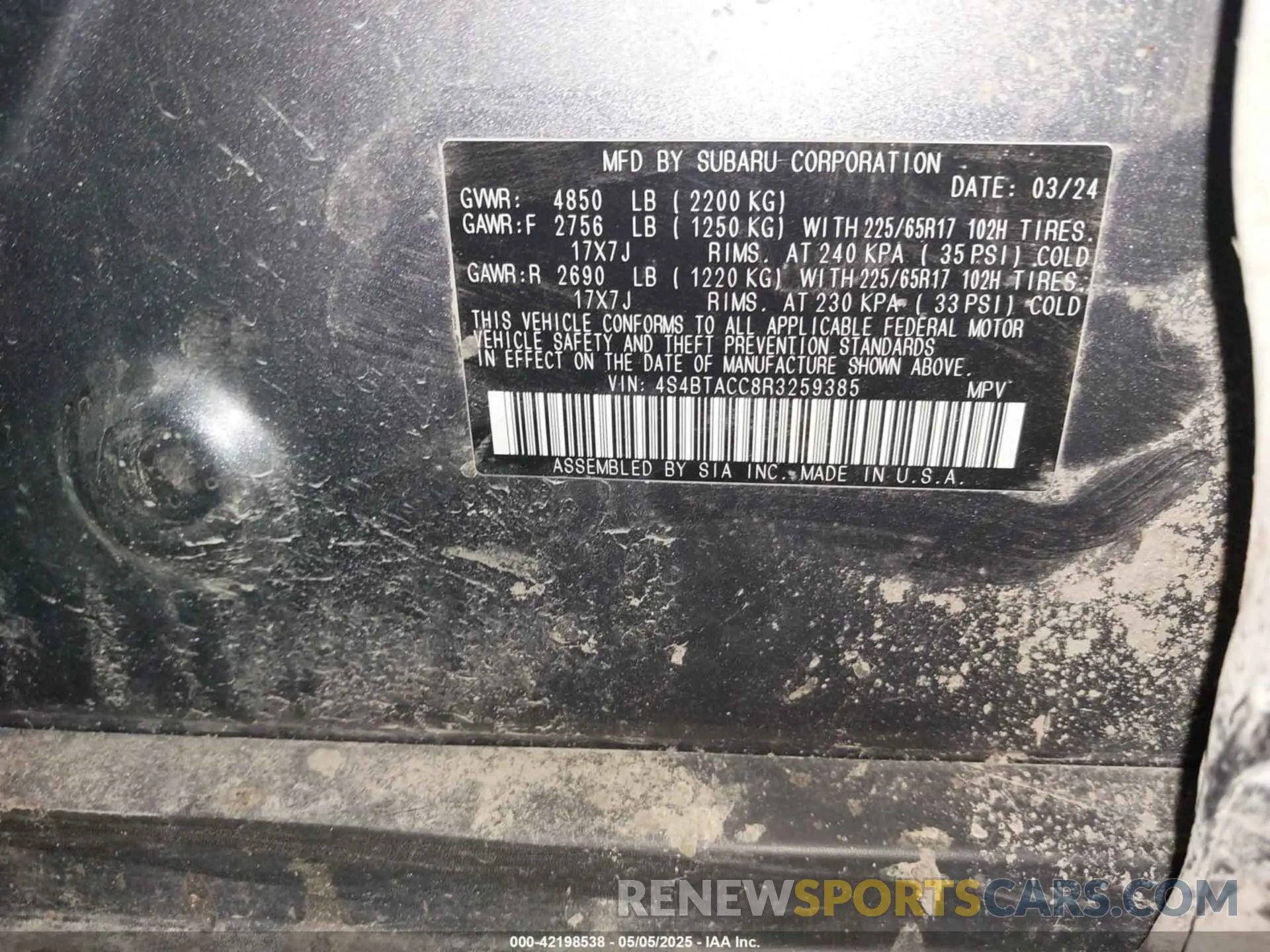 9 fotografías del automóvil dañado 4S4BTACC8R3259385 SUBARU OUTBACK 2024