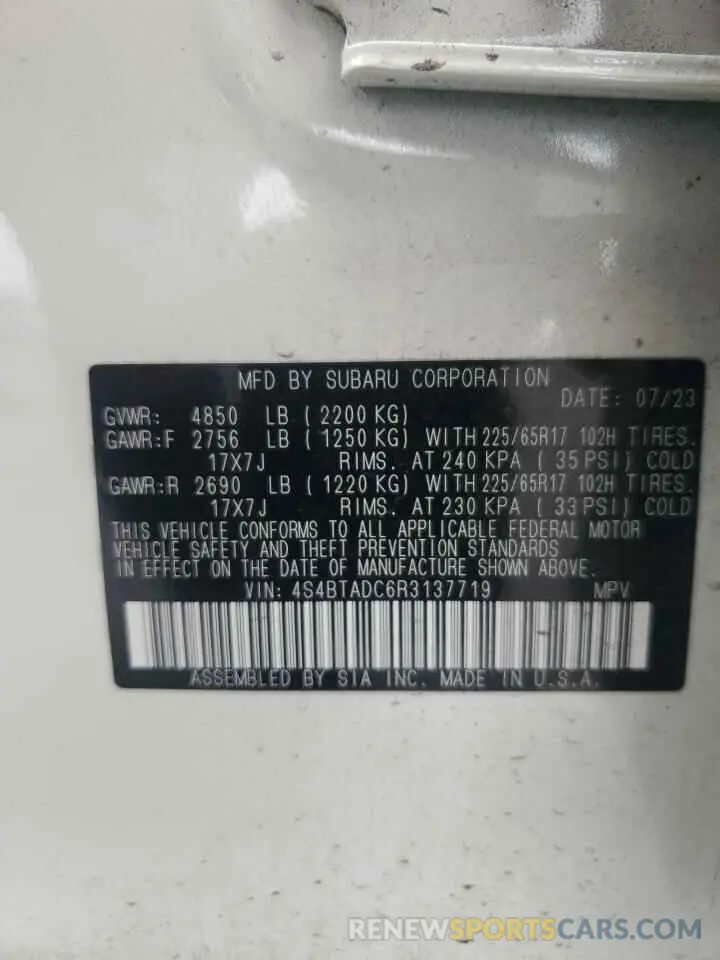14 fotografías del automóvil dañado 4S4BTADC6R3137719 SUBARU OUTBACK 2024