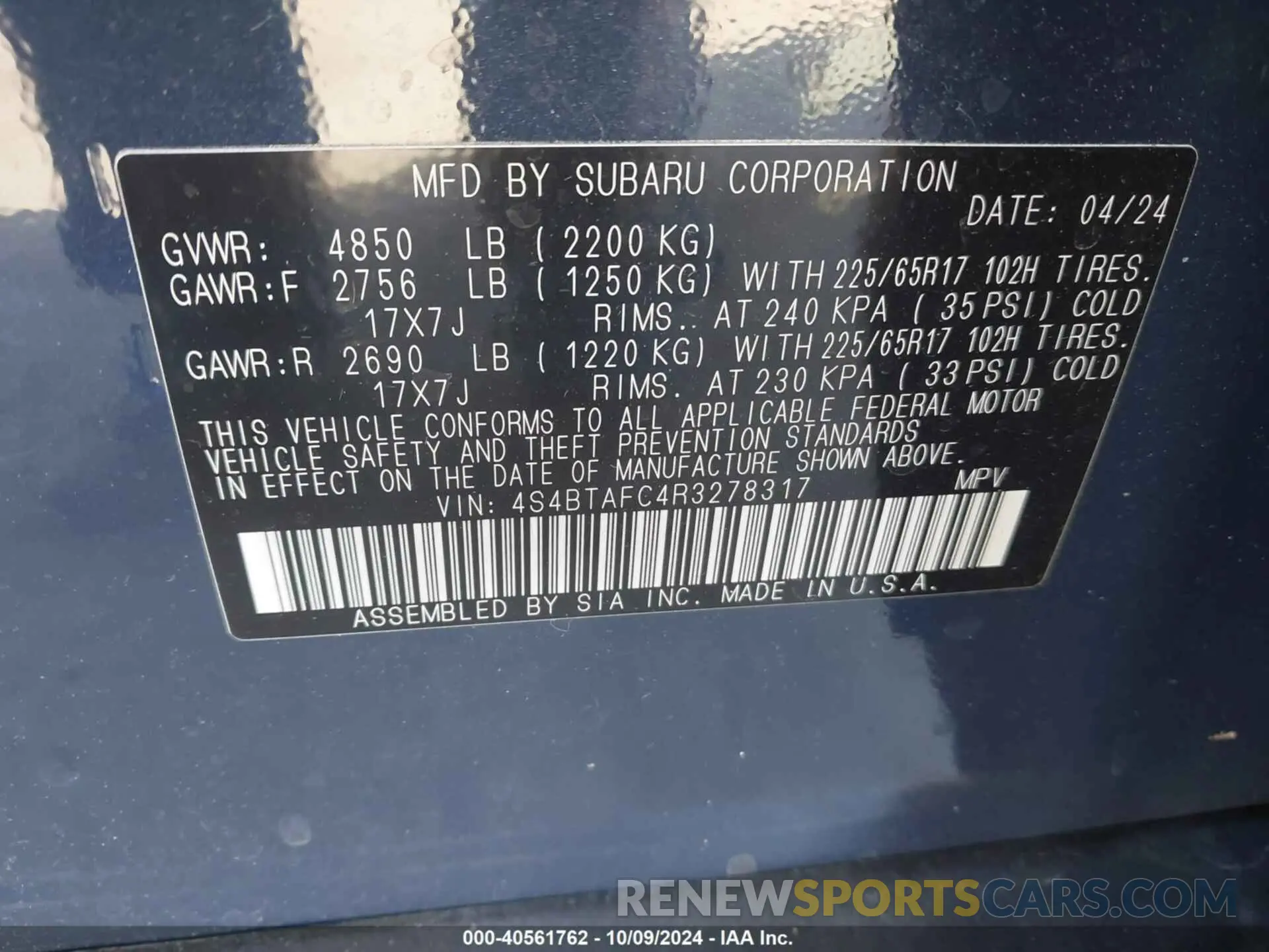 9 fotografías del automóvil dañado 4S4BTAFC4R3278317 SUBARU OUTBACK 2024