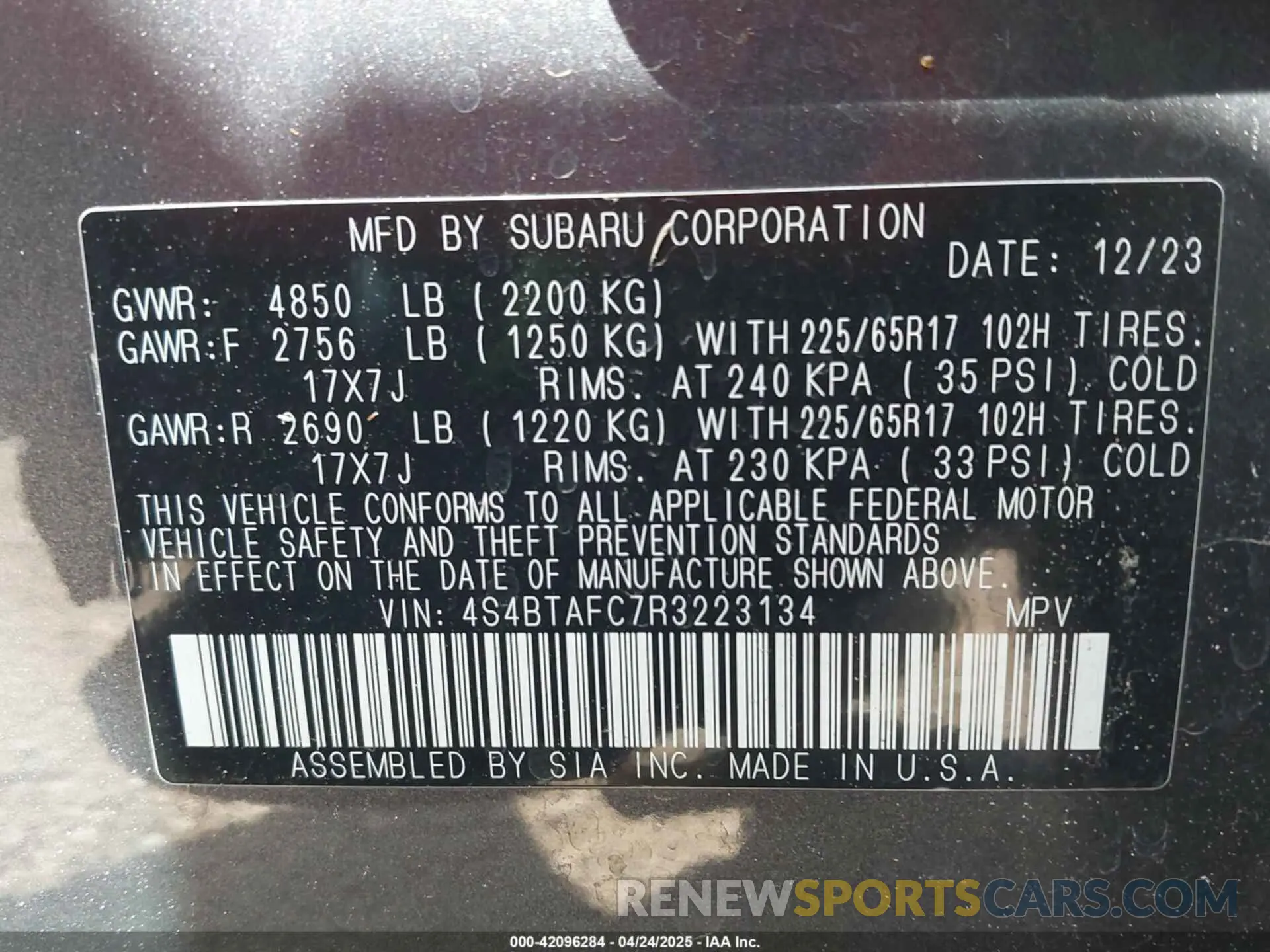 9 fotografías del automóvil dañado 4S4BTAFC7R3223134 SUBARU OUTBACK 2024