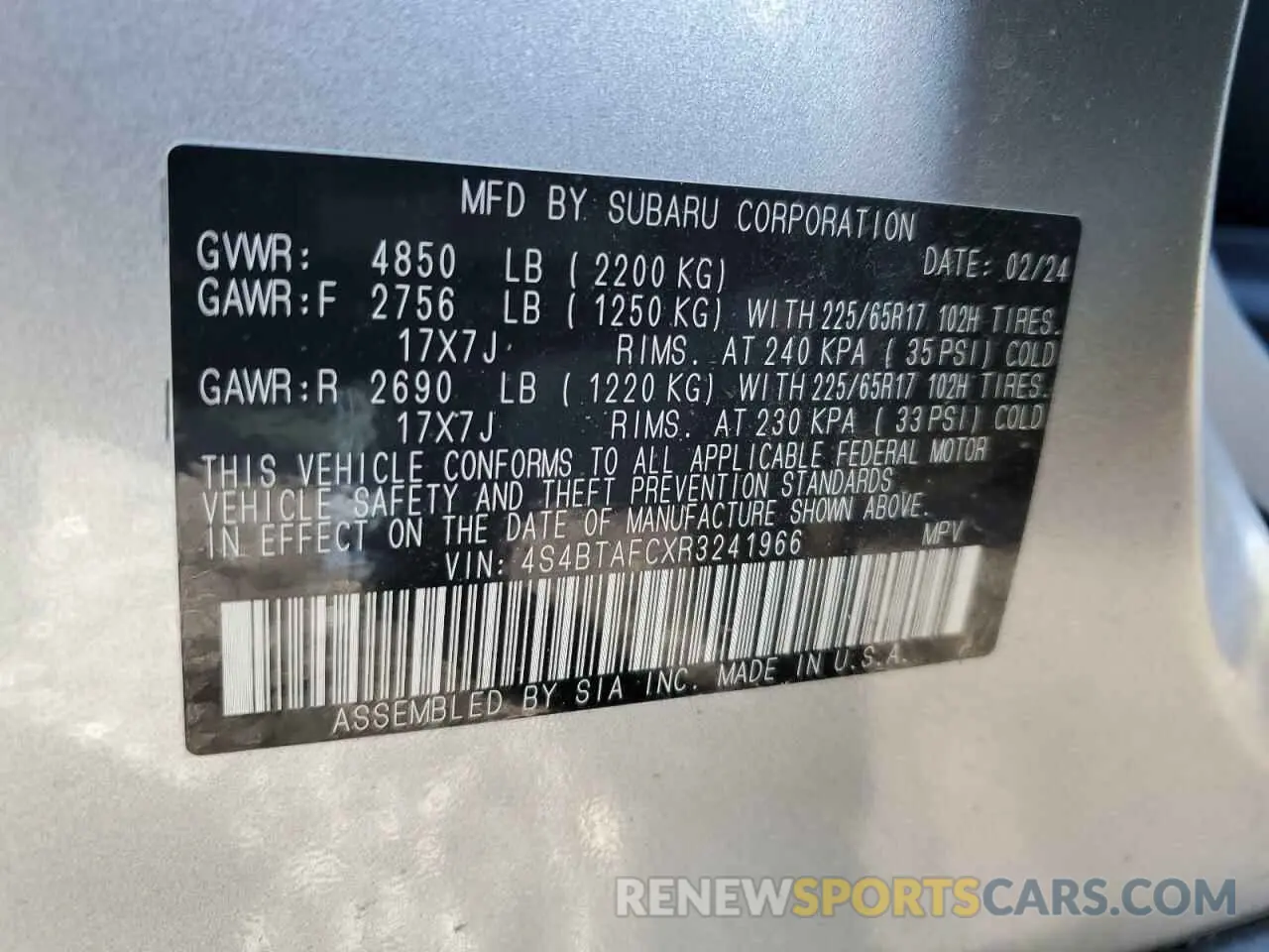 13 fotografías del automóvil dañado 4S4BTAFCXR3241966 SUBARU OUTBACK 2024