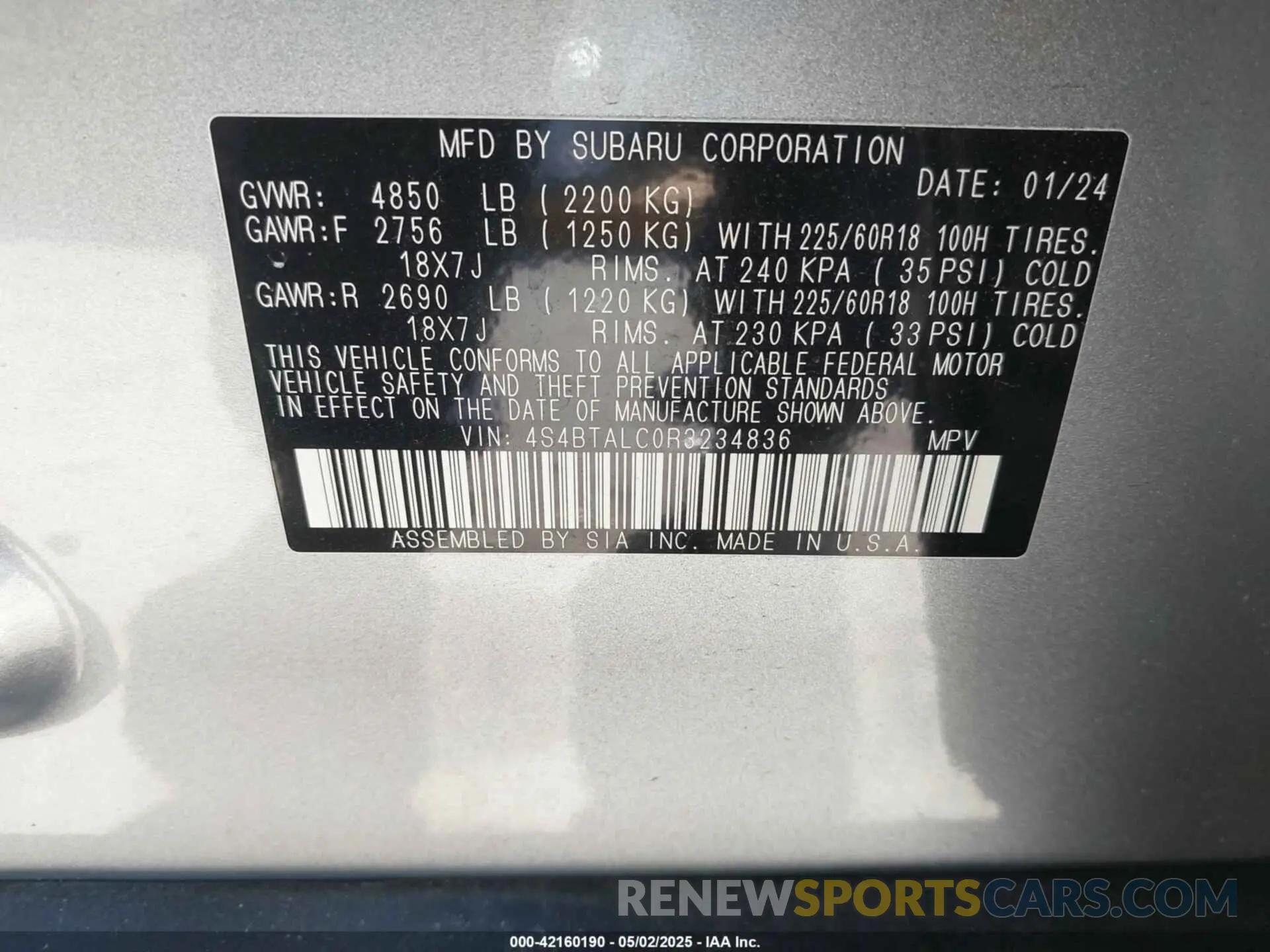 9 fotografías del automóvil dañado 4S4BTALC0R3234836 SUBARU OUTBACK 2024