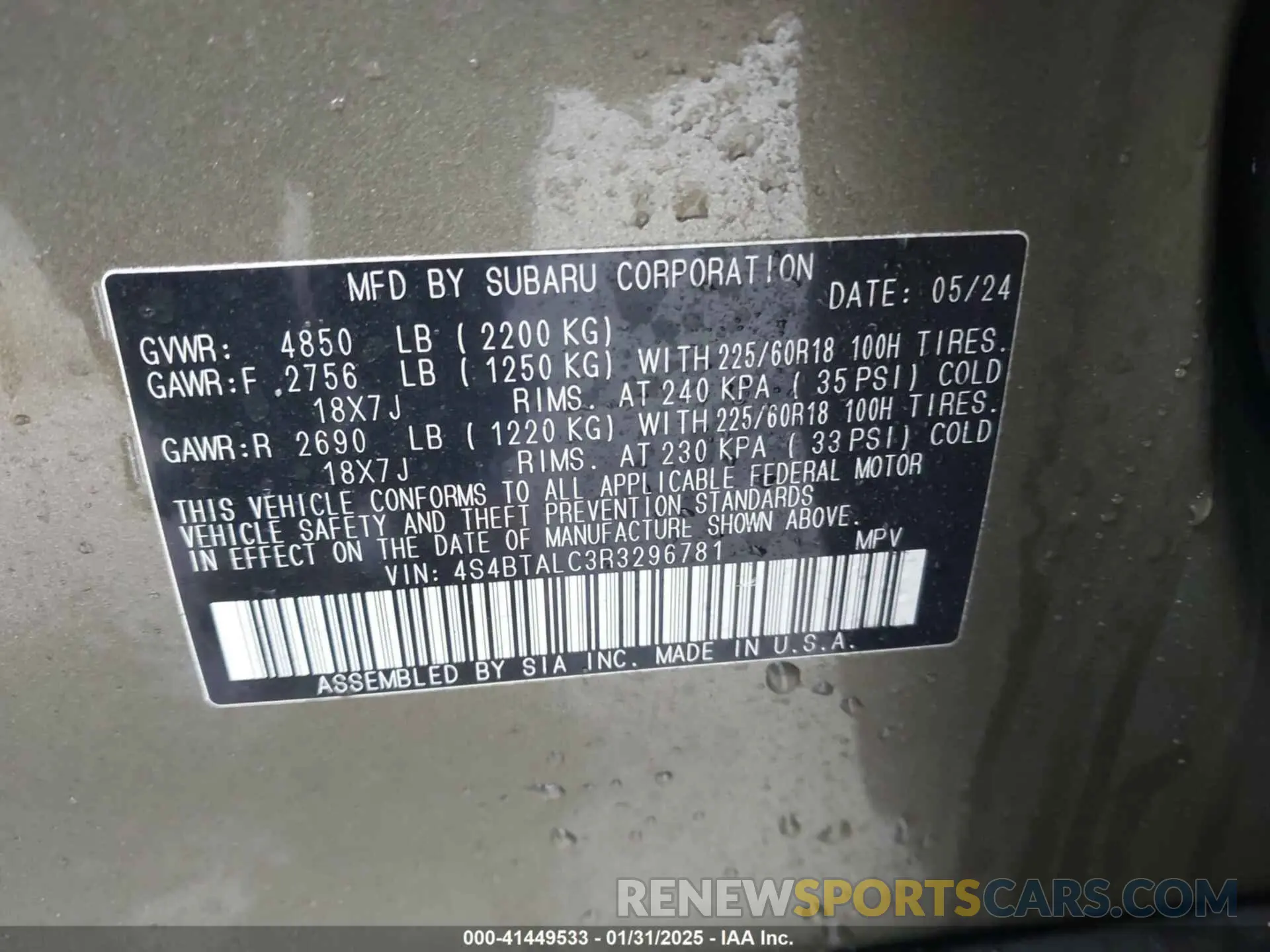 9 fotografías del automóvil dañado 4S4BTALC3R3296781 SUBARU OUTBACK 2024