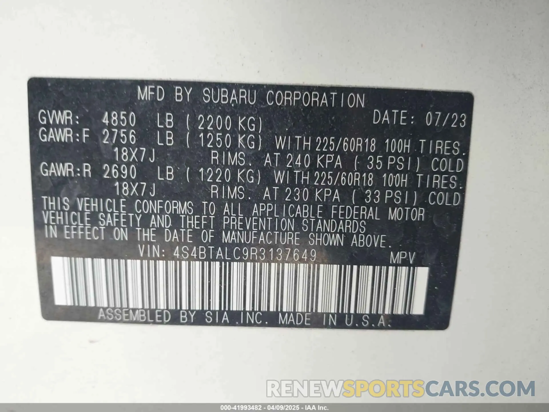 9 fotografías del automóvil dañado 4S4BTALC9R3137649 SUBARU OUTBACK 2024