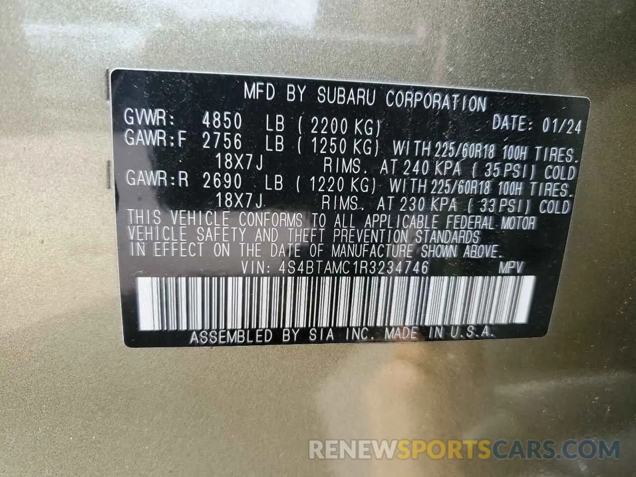 12 fotografías del automóvil dañado 4S4BTAMC1R3234746 SUBARU OUTBACK 2024