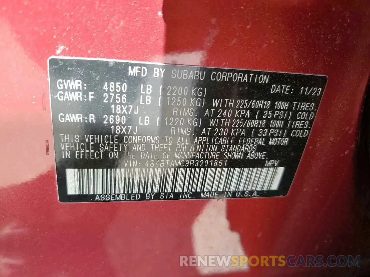 13 fotografías del automóvil dañado 4S4BTAMC9R3201851 SUBARU OUTBACK 2024