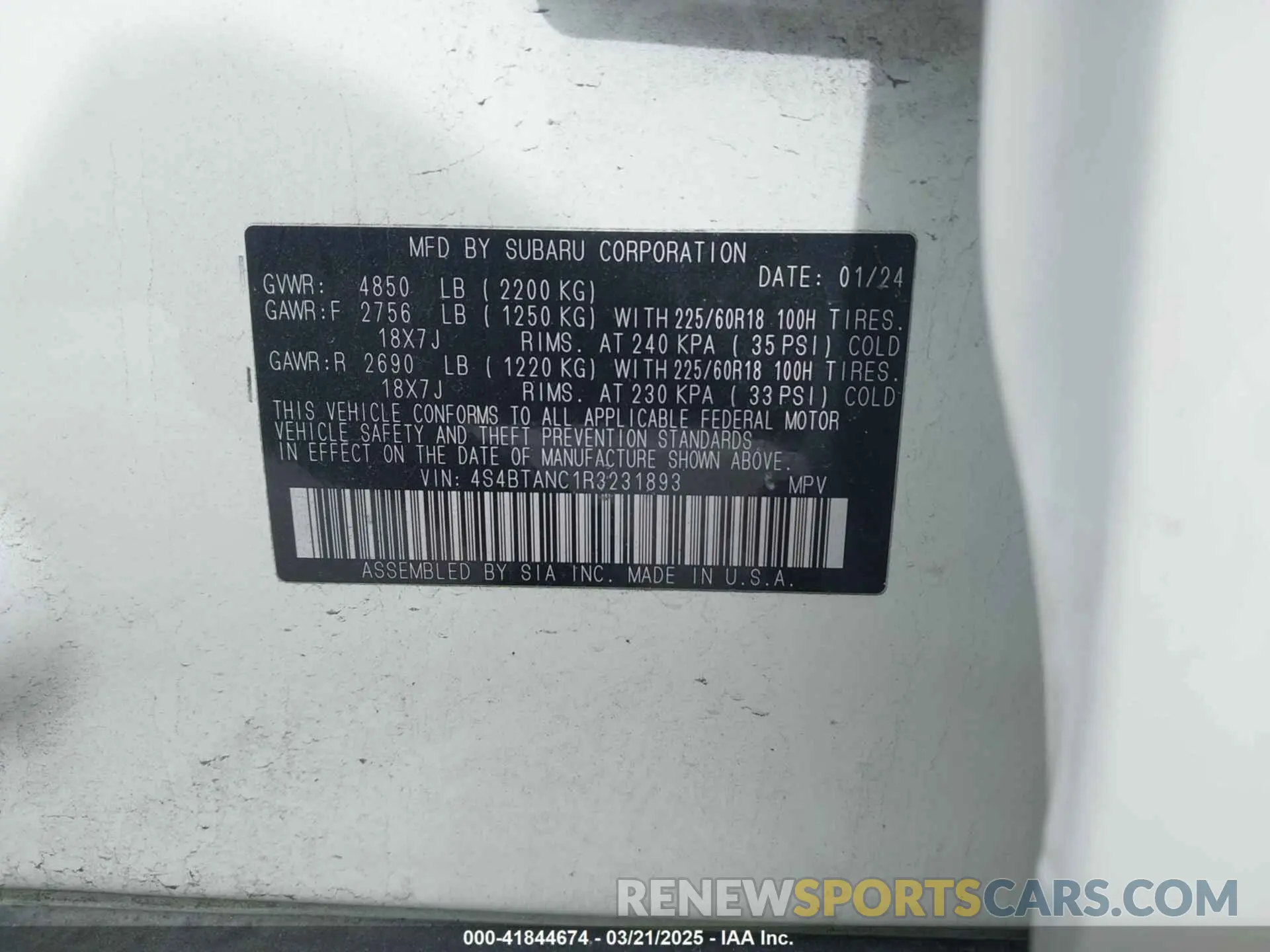 9 fotografías del automóvil dañado 4S4BTANC1R3231893 SUBARU OUTBACK 2024