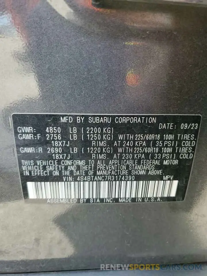 12 fotografías del automóvil dañado 4S4BTANC7R3174390 SUBARU OUTBACK 2024