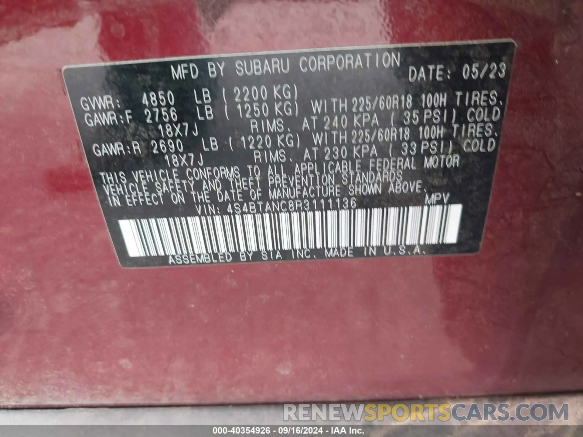 9 fotografías del automóvil dañado 4S4BTANC8R3111136 SUBARU OUTBACK 2024