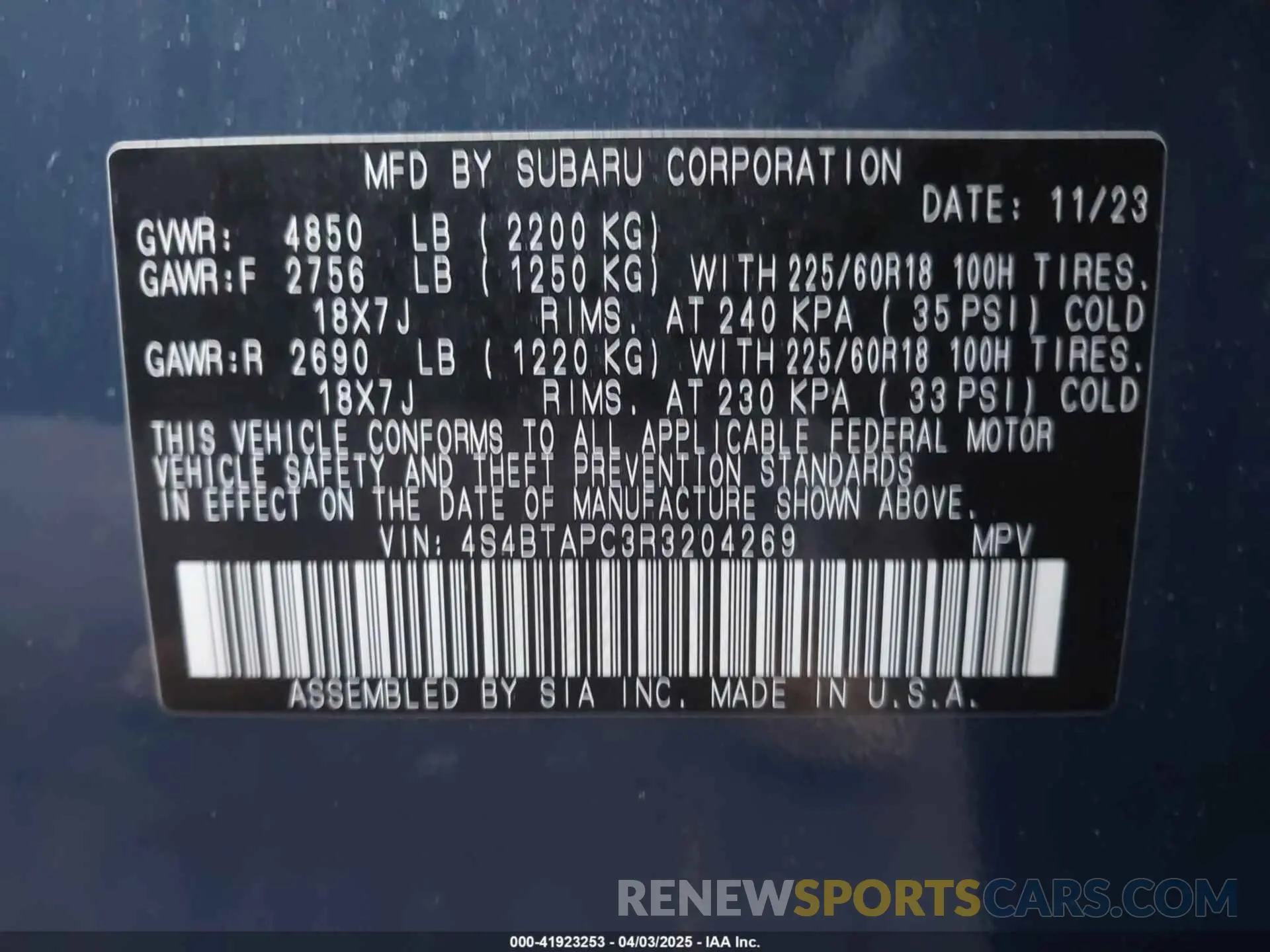 9 fotografías del automóvil dañado 4S4BTAPC3R3204269 SUBARU OUTBACK 2024