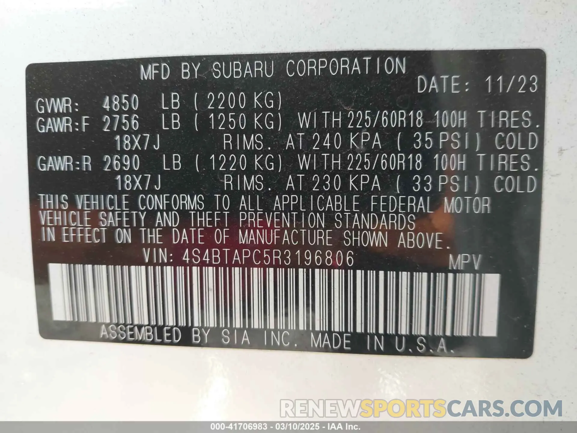 9 fotografías del automóvil dañado 4S4BTAPC5R3196806 SUBARU OUTBACK 2024
